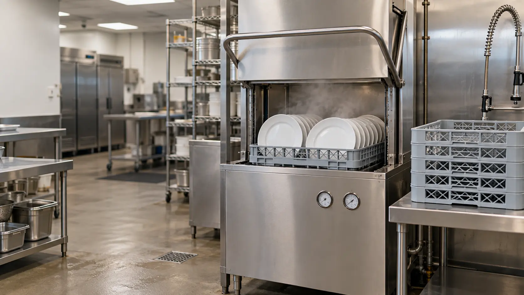 A stainless door-type dish machine with its hood raised, a rack of clean white plates inside with steam faintly rising, two round analog gauges on its front with their needles resting low, a stack of empty racks on the landing table beside it.