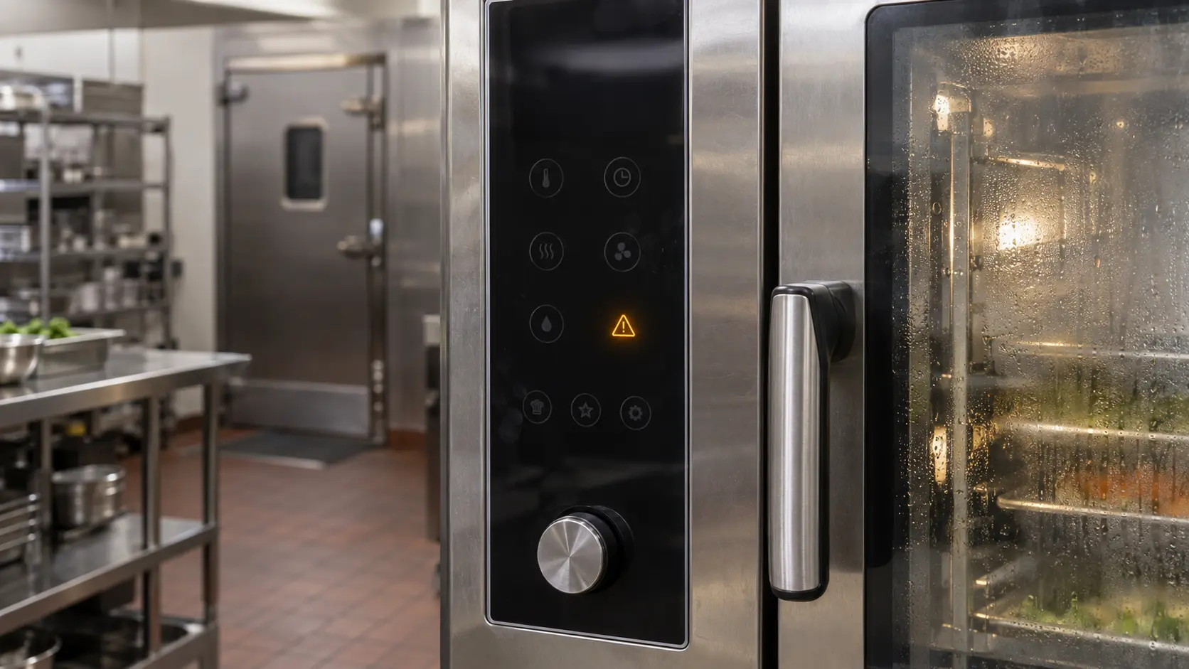 Close view of the dark touch control panel on the front of a stainless combi oven in a commercial kitchen, one abstract amber warning indicator glowing among unlit icons, the steam-fogged glass door blurred beside it.