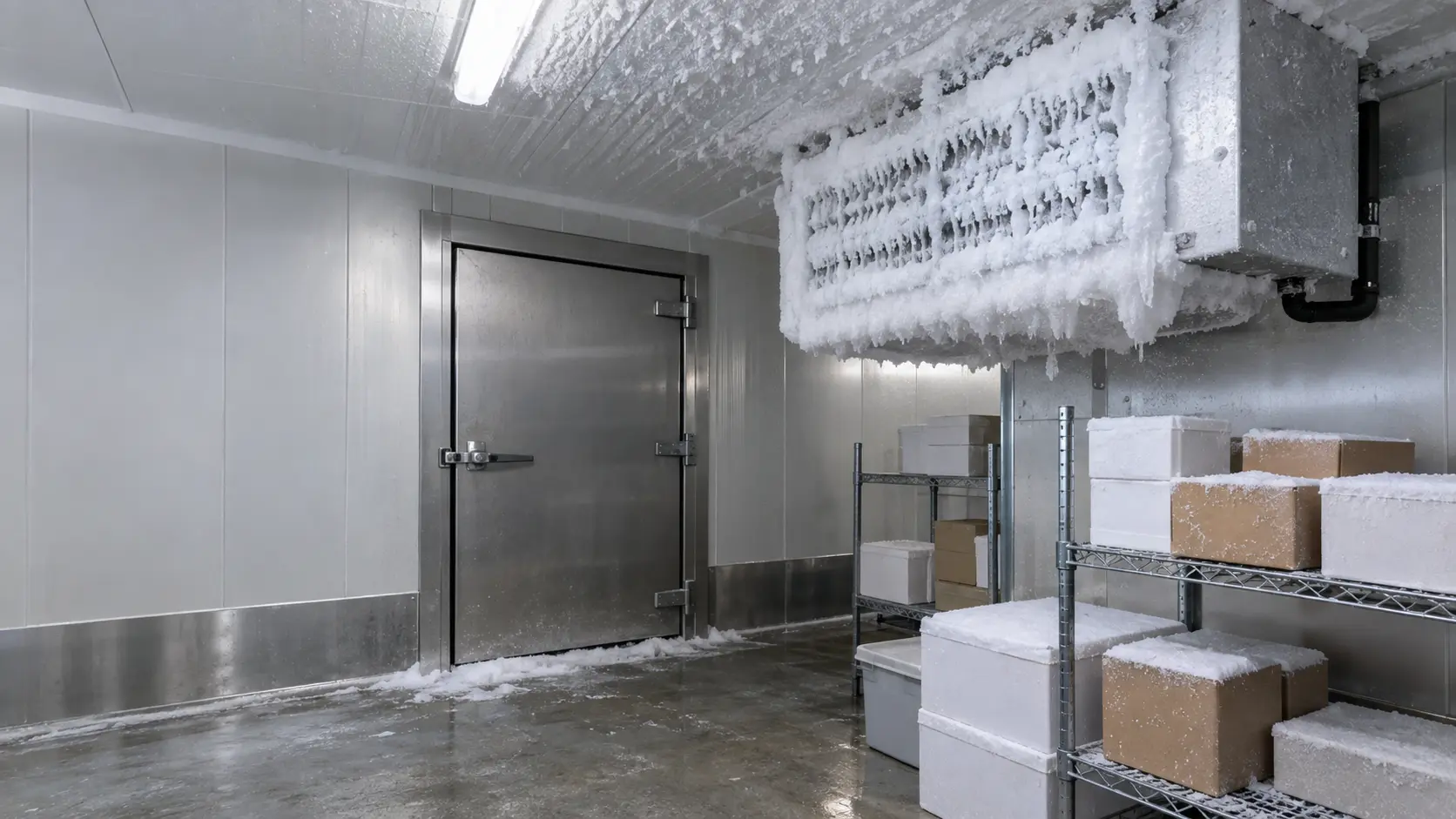 Inside a walk-in freezer, the evaporator hanging from the ceiling with its coil encased in thick white ice, frost furring the ceiling panels and the tops of stacked boxes, a ridge of ice on the floor near the door.