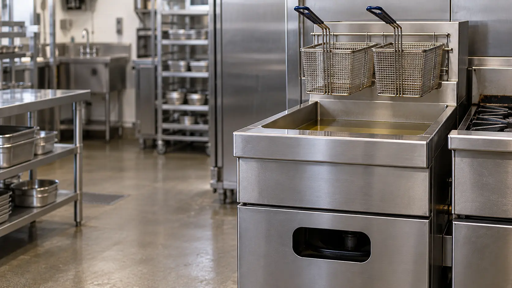 A stainless commercial fryer on a kitchen line with its oil sitting still and pale in the vat, two empty wire baskets hanging on the rack above, the burner sight opening at the front dark.