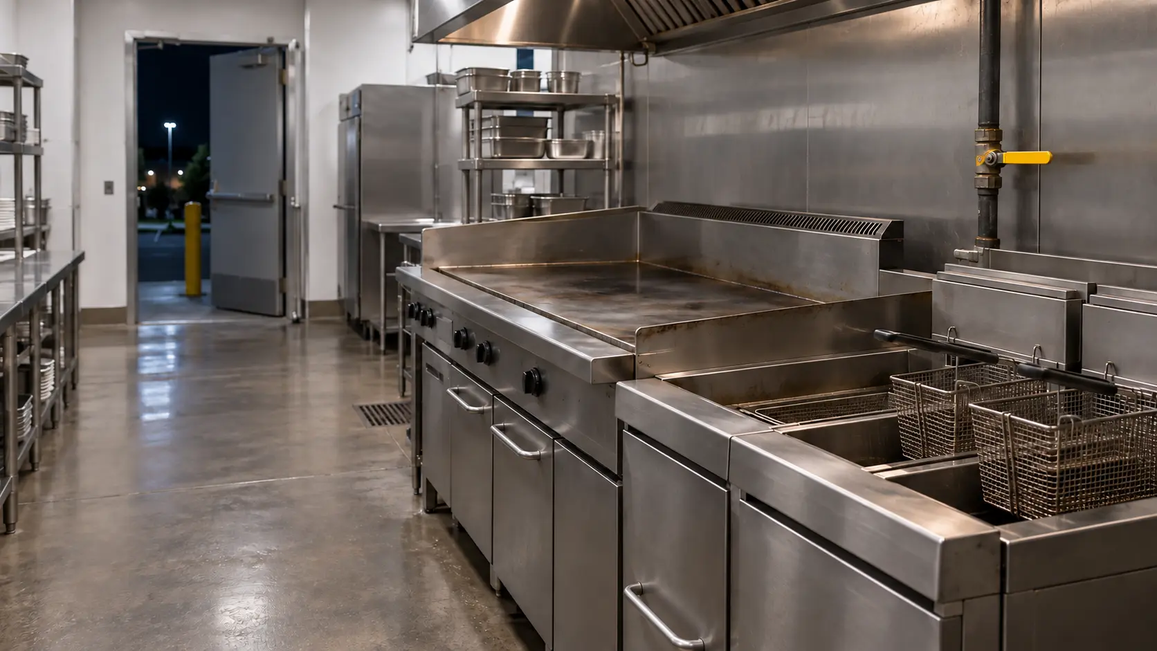 An empty stainless restaurant cooking line after hours, every burner on the fryers and griddle dark and cold, a yellow gas shutoff handle on the pipe behind the line turned crosswise to closed, the back door of the commercial kitchen propped open to the night.