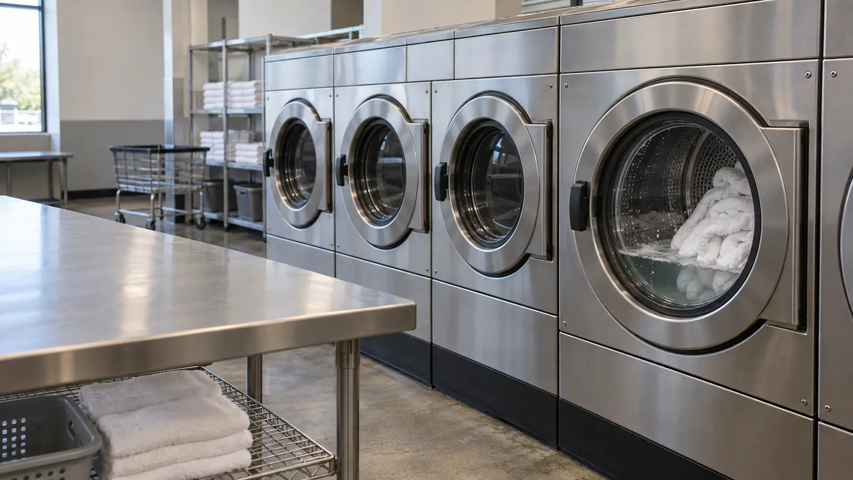 A row of front-load commercial laundry machines in a laundromat, one door window showing a drum with soaked white towels bunched on one side and water pooled at the bottom, the rest of the row idle, a folding table in the foreground.