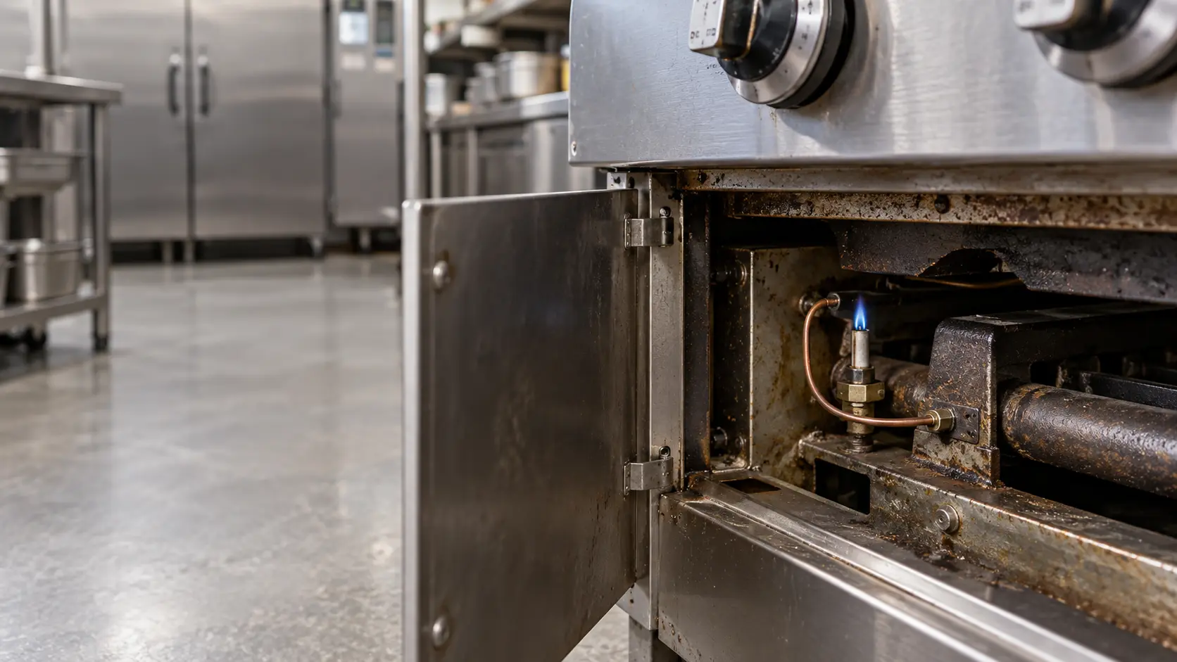 Close view through the open lower door of a stainless commercial griddle, a small blue pilot flame barely visible at the tip of the pilot burner beside a copper thermocouple tube, grease-darkened steel around it.