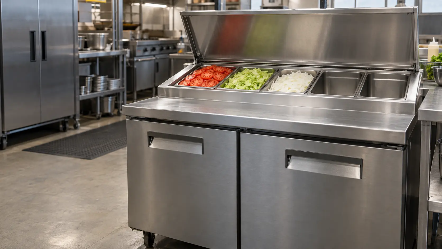 A stainless prep table with its insulated lid folded up, the top rail lined with pans heaped high with sliced tomatoes, shredded lettuce and cut onions, two empty slots in the rail with no pan, the kitchen line soft behind it.
