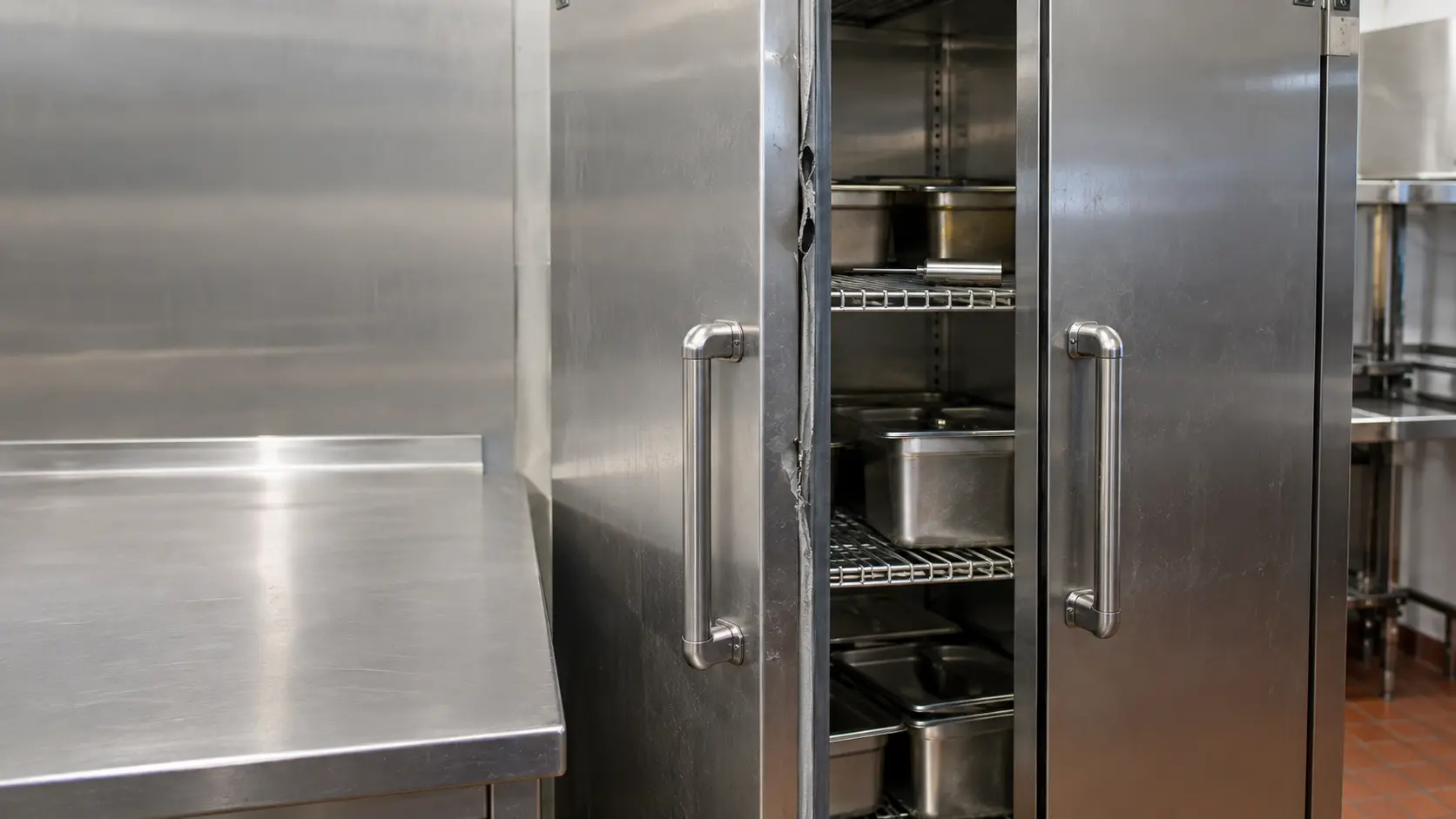 A two-door stainless reach-in cabinet in a busy commercial kitchen, one door standing slightly ajar with a torn gray gasket at the hinge edge, shelves inside crowded with food pans pressed to the back, a probe thermometer resting on the top shelf.