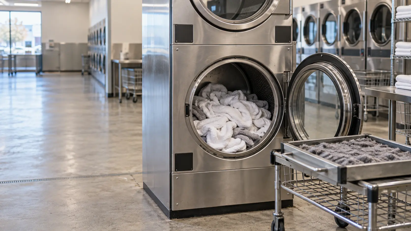 A stacked pair of stainless commercial tumblers in a laundromat, the lower door open on a drum of damp towels, the lint screen drawer pulled out and thick with gray lint on the top of a folding cart.