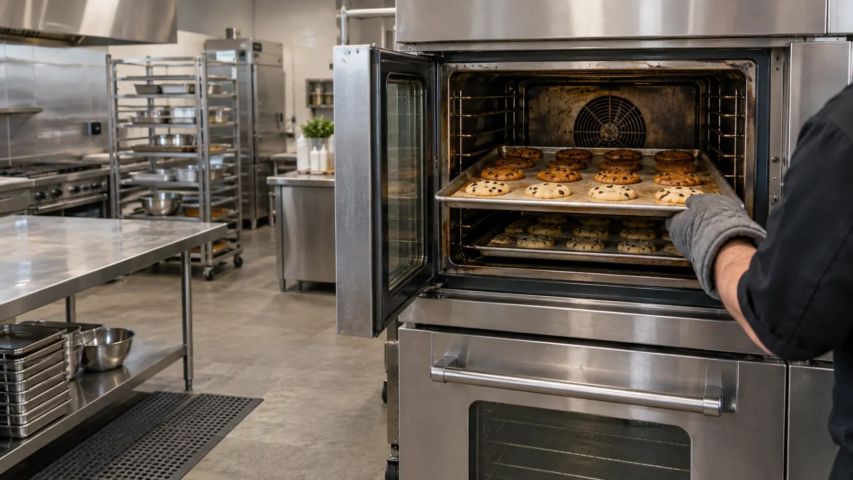 A stainless double-stack commercial convection oven with its top door open, a sheet pan of cookies pulled halfway out, browned dark at the back and pale toward the front, a second pan on the rack below.
