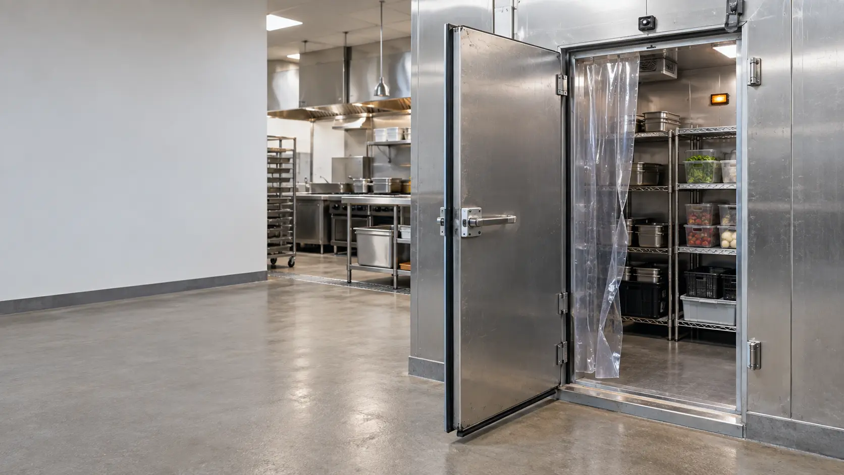 The heavy stainless door of a walk-in cooler standing wide open onto a commercial kitchen, a torn clear strip curtain hanging to one side, shelves inside with covered food pans and crates, a digital thermometer on the wall showing only a warm amber glow.