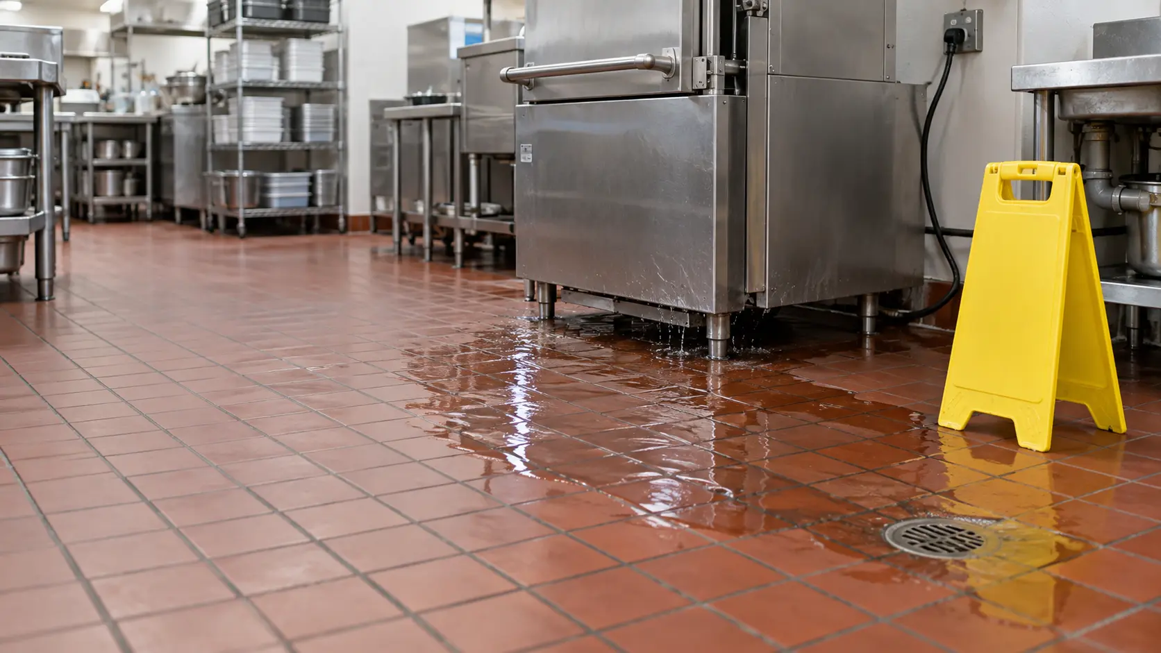 A wide puddle of clear water spreading across red quarry tile in a commercial kitchen, running from under a stainless door-type dish machine toward a floor drain and a power cord along the wall, a yellow wet floor sign standing at the edge.