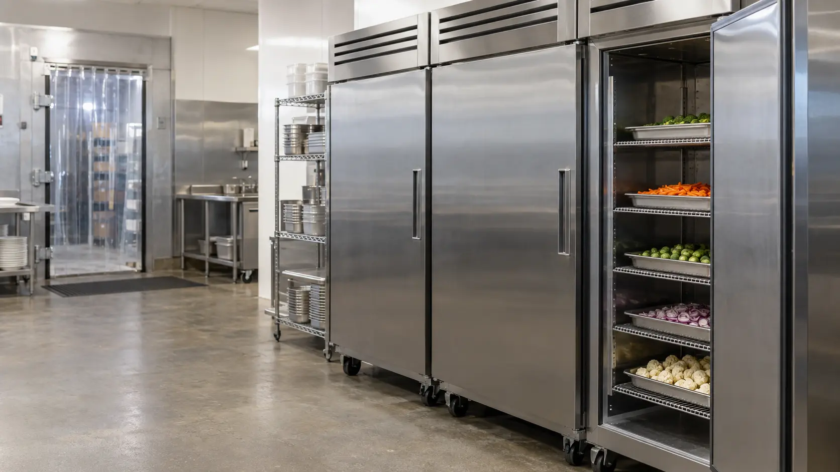 A row of three stainless steel reach-in cabinets with solid doors along the wall of a working restaurant kitchen, the reach-ins clearly the subject, one door open showing sheet pans of prepped vegetables on wire shelves, a walk-in cooler door with a clear strip curtain visible at the far end, a cook seen only from behind in a white jacket passing in the soft background, bright even kitchen light.