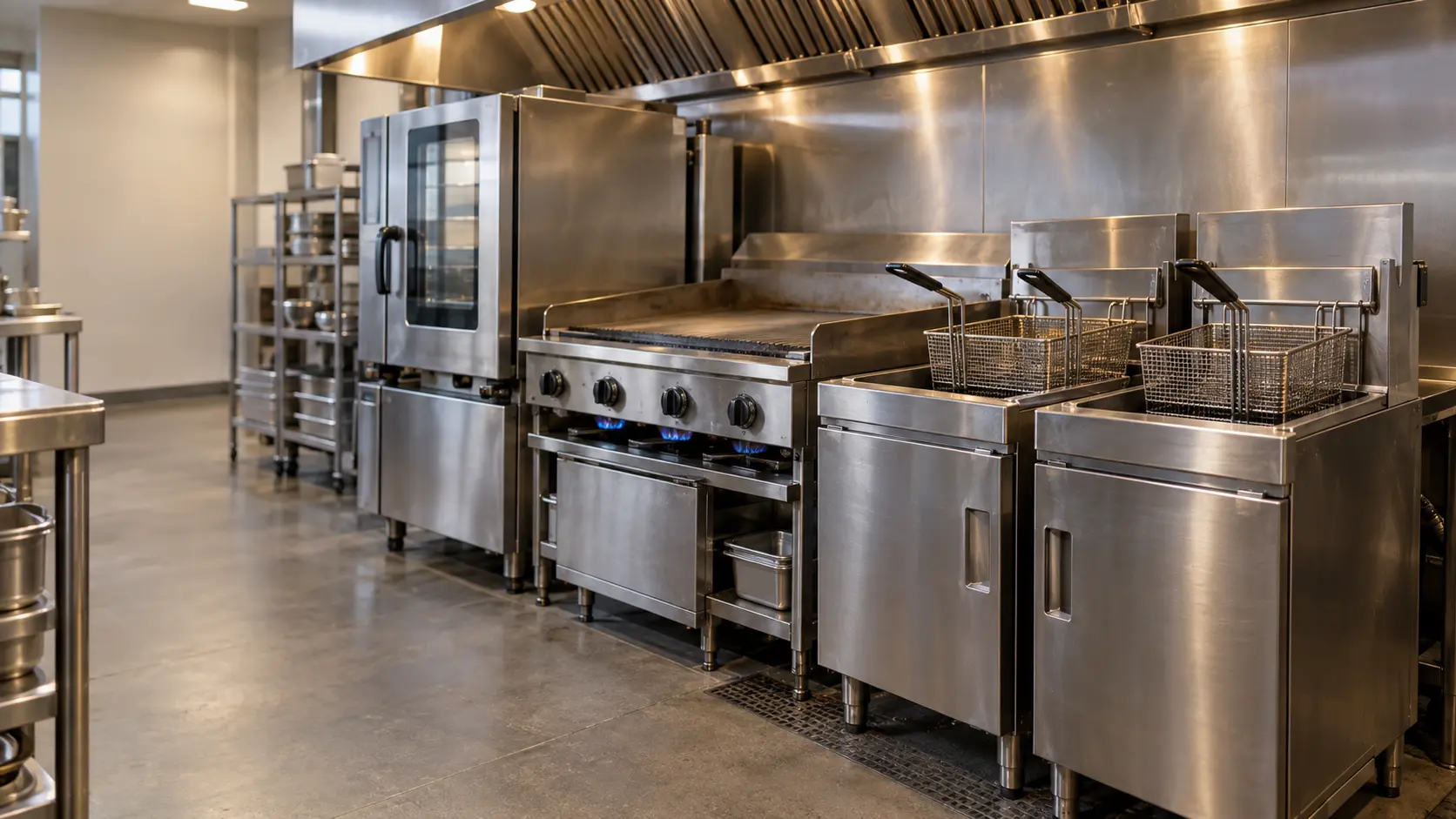 A working restaurant cooking line under a stainless ventilation hood, two stainless gas fryers with baskets hanging above the oil, a flat griddle and a combi oven with a glass door beside them, the equipment clearly the subject, a cook seen only from behind and shoulders down at the far end of the line, warm kitchen light, small blue flames visible under the griddle.
