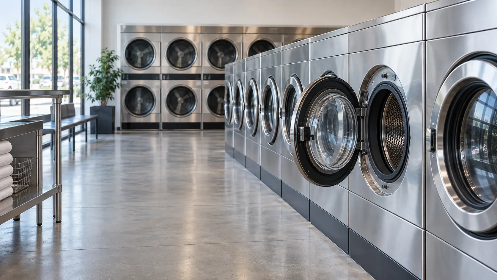 A clean modern laundromat with a long row of stainless front-load commercial laundry machines with round glass doors, a row of large stacked tumblers along the opposite wall, one machine door open, the laundry machines clearly the subject, a customer seen only from behind folding towels on a counter in the soft background, bright daylight through a storefront window.