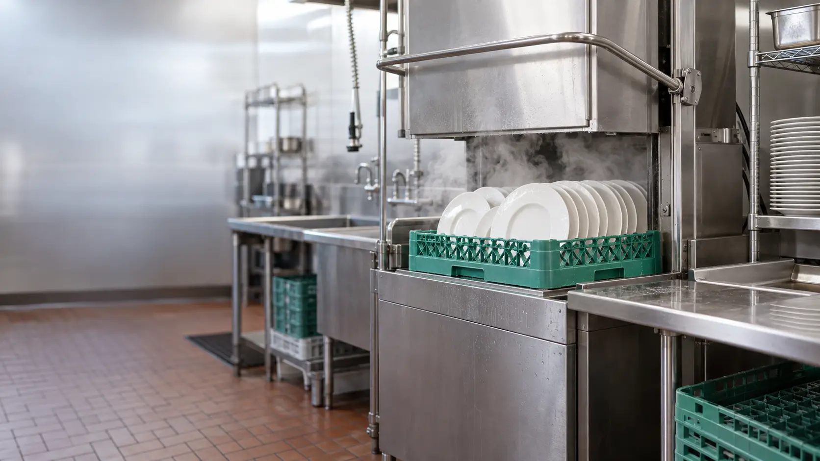 A stainless door-type dish machine in a busy restaurant warewashing station, its hood half raised with steam rising, a green plastic rack of clean white plates sliding out onto the clean-side table, the dish machine clearly the subject, a worker seen only from behind and shoulders down in an apron at the soiled side, bright even kitchen light.
