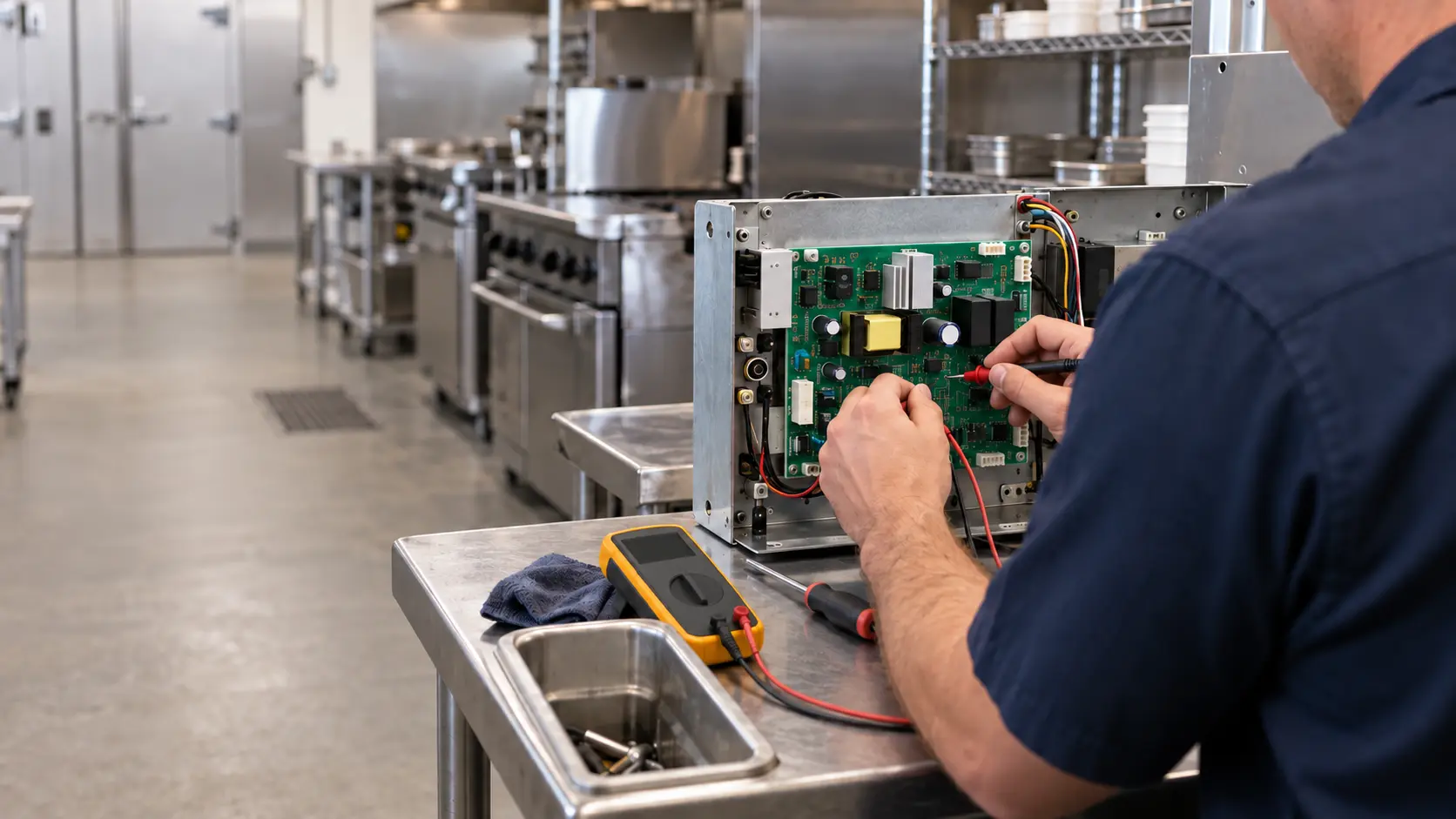 A repair technician in a plain navy work shirt testing a commercial control board with meter probes on a workbench, face turned away.