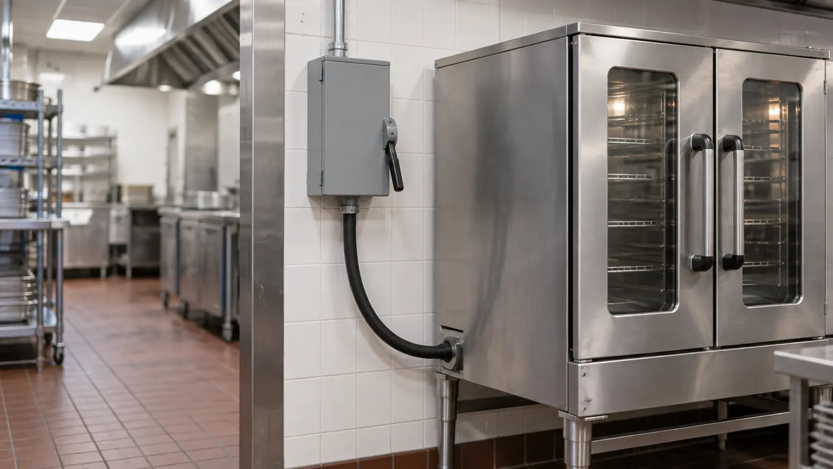 A gray electrical disconnect box on a tiled commercial kitchen wall beside a stainless convection oven, the oven's heavy power cord running up to it, the disconnect handle set to off, nobody near it.