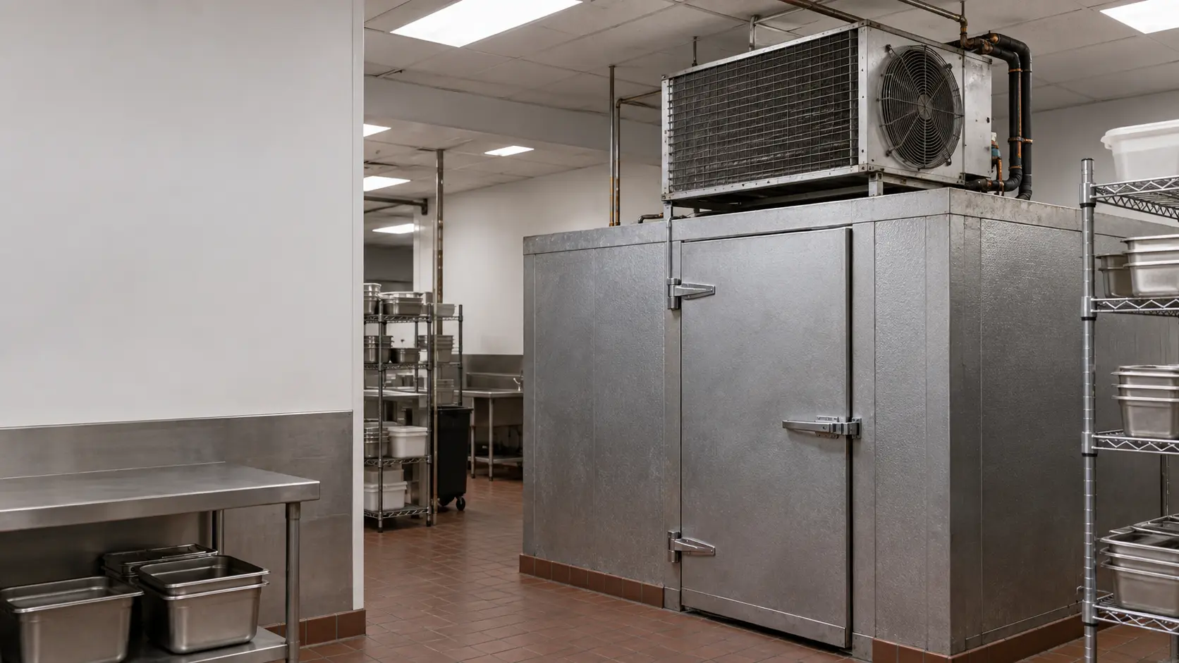A commercial condensing unit mounted on top of a walk-in cooler in a restaurant back room, its condenser fan guard and dusty coil face in view, insulated copper lines running down into the walk-in cooler's roof panel, nobody near the unit.