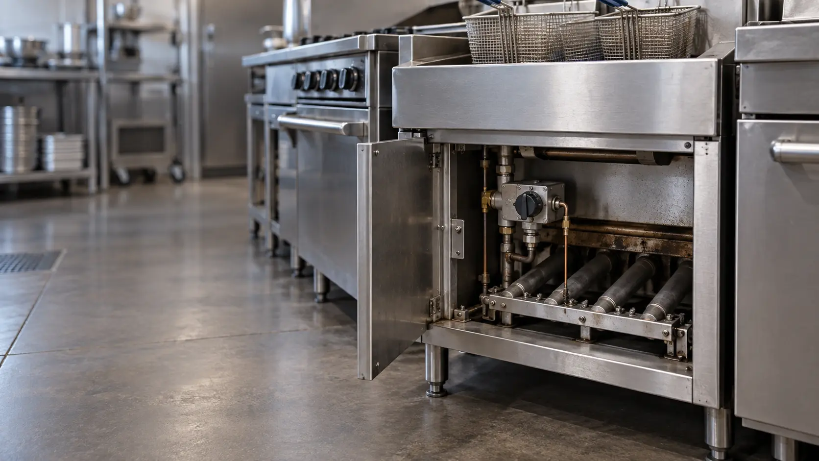 The open lower door of a cold stainless commercial fryer on a restaurant line, the fryer's gas valve, pilot assembly and burner tubes visible below the vat, the gas knob set to off, nobody near the gas.