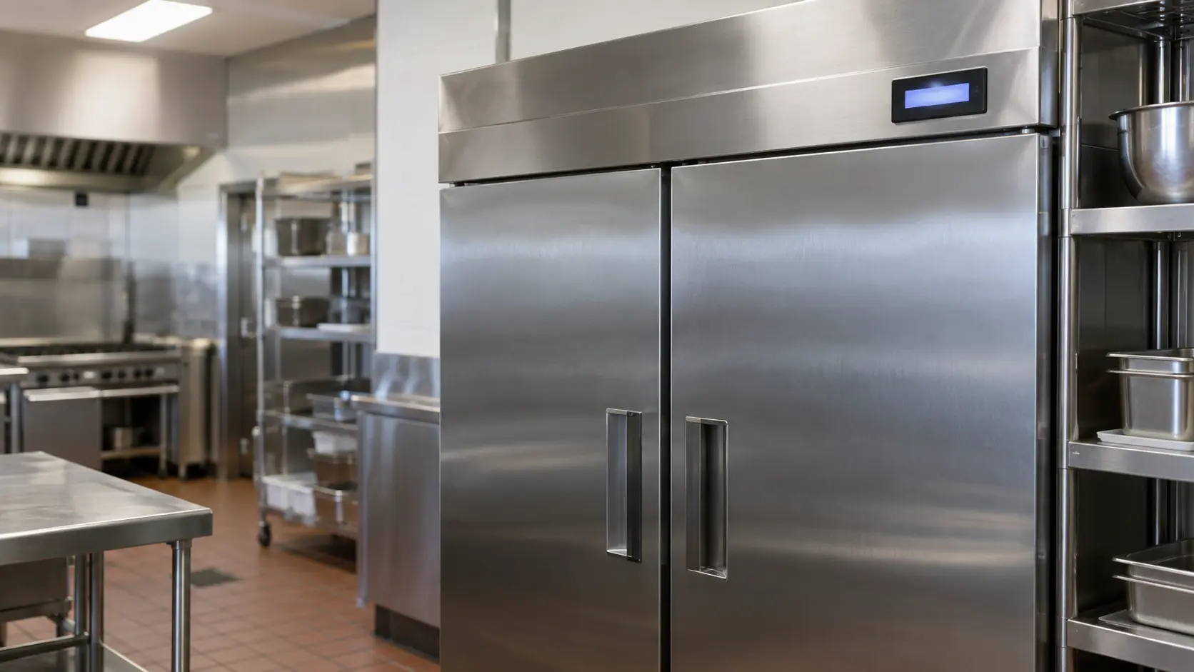 The small controller display on the front of a stainless commercial reach-in cabinet in a restaurant kitchen, the display lit with no characters readable, the reach-in's doors closed, nobody at the unit.