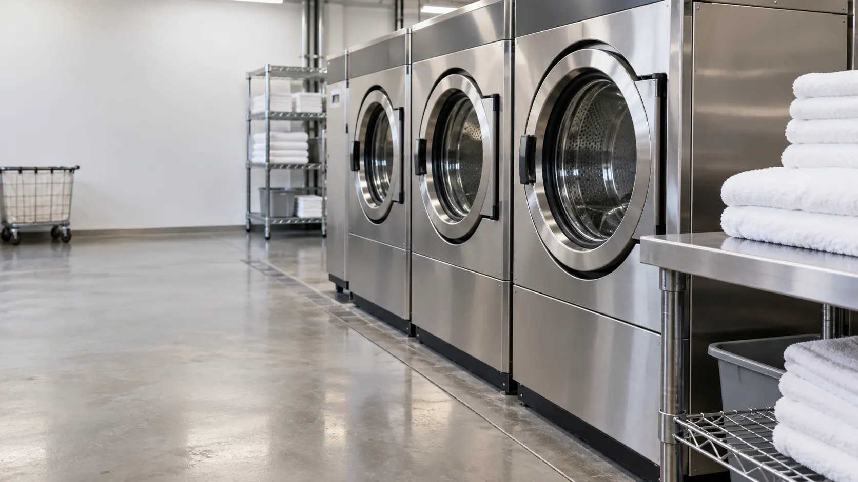 A row of front-load commercial laundry machines in an on-premise laundry, their round glass doors closed and drums empty, a folding table and a stack of clean white towels beside them, nobody at the machines.