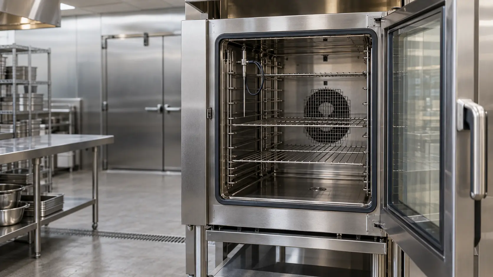 The open door of a cold stainless combi oven in a commercial kitchen, its empty racks in view and a thin core temperature probe hanging on its holder inside the cavity, nobody at the combi oven.