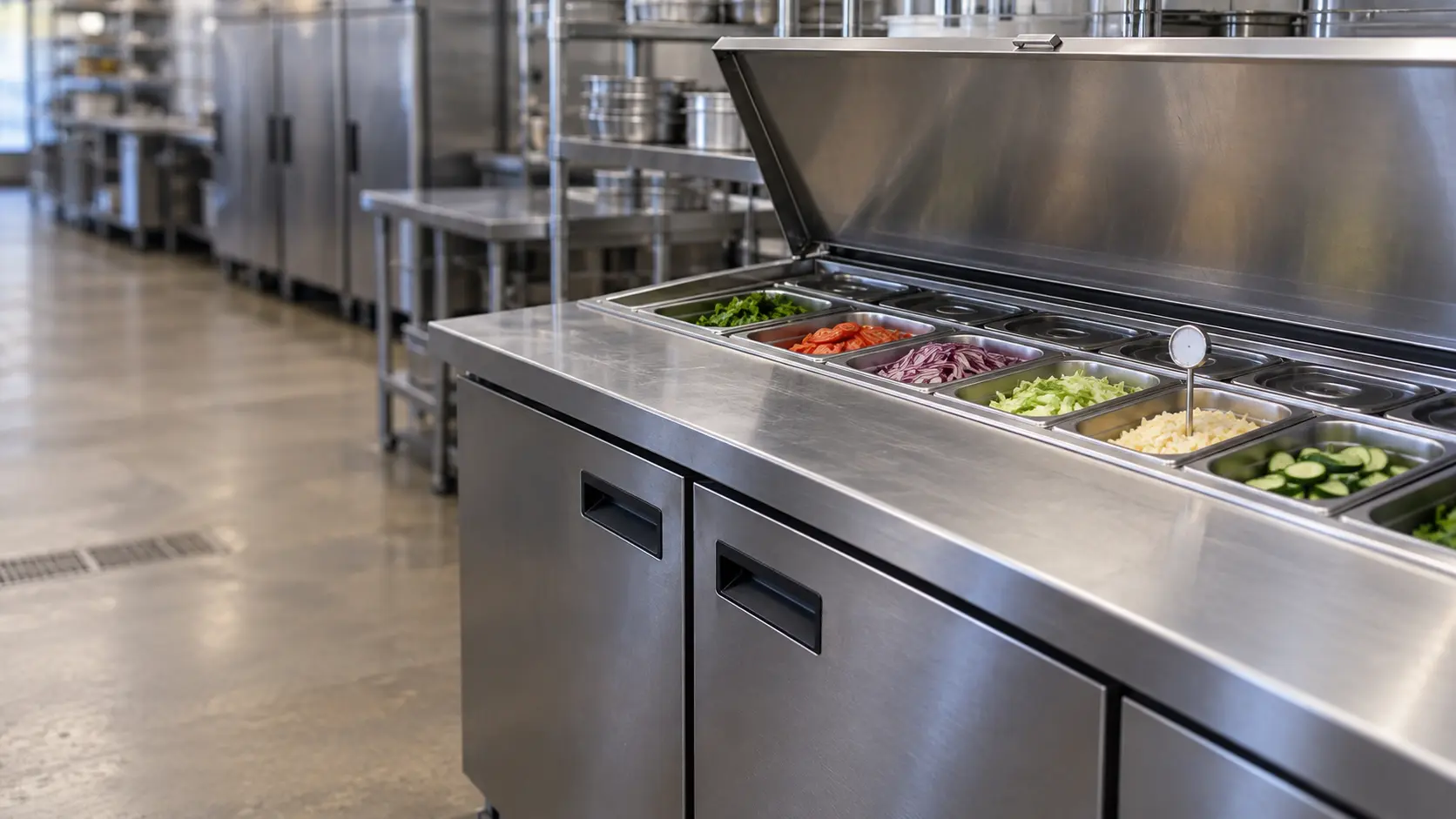 A stainless sandwich prep table on a restaurant line, the prep table's lid raised over a row of covered food pans, a probe thermometer standing in one pan, nobody at the table.
