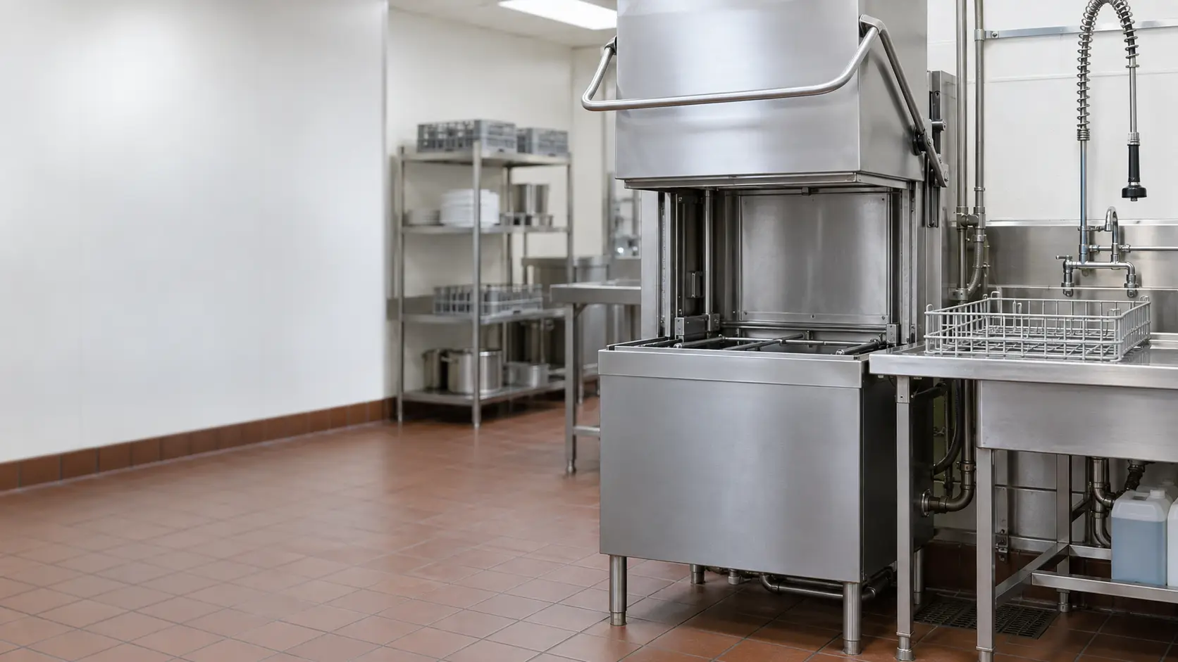 A stainless door-type dish machine in a restaurant dish room with its hood raised and its wash chamber empty, a clean wire rack on the landing table beside it, the tiled floor dry, nobody at the dish machine.