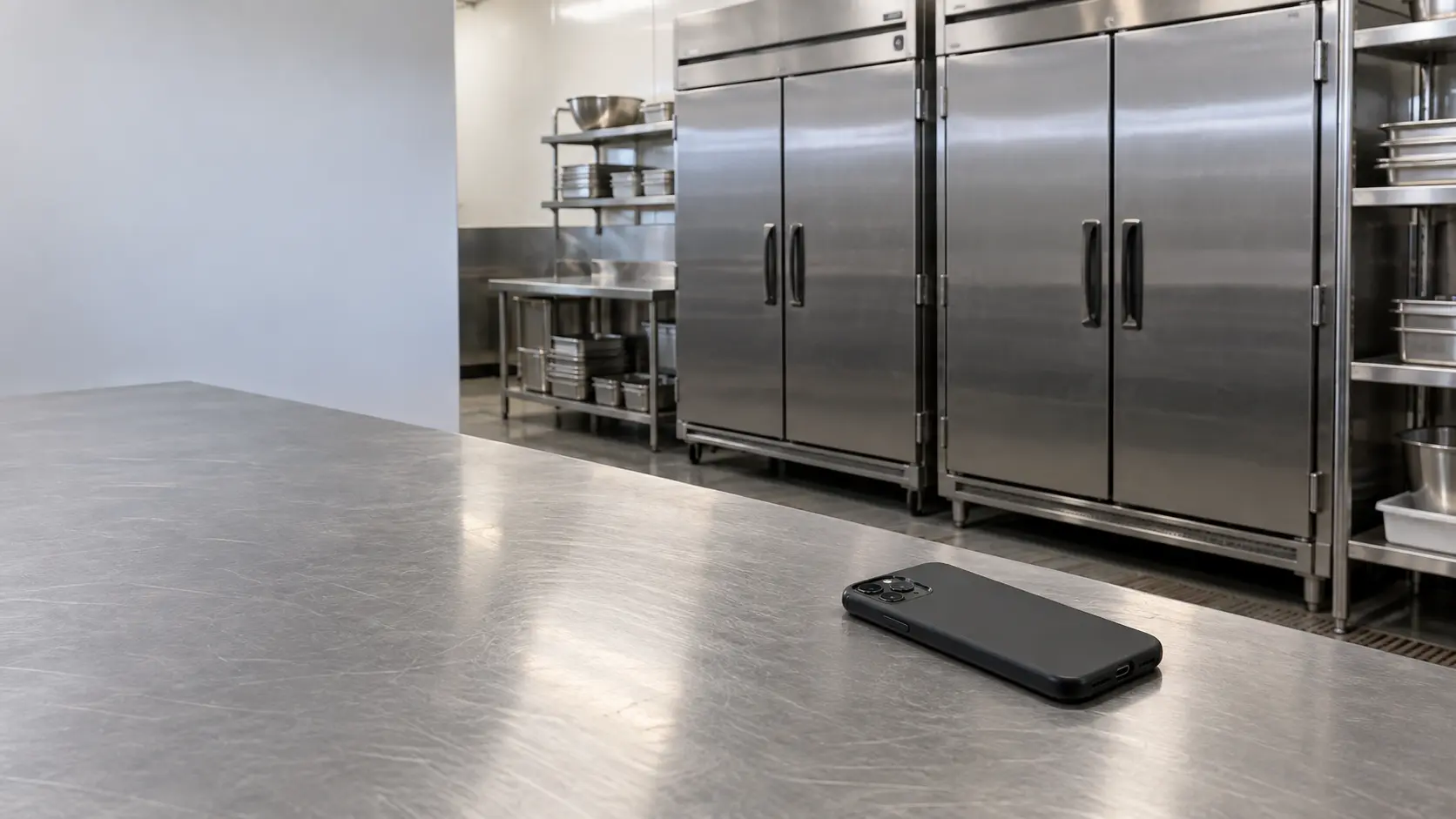 A phone lying face down on a stainless prep table.
