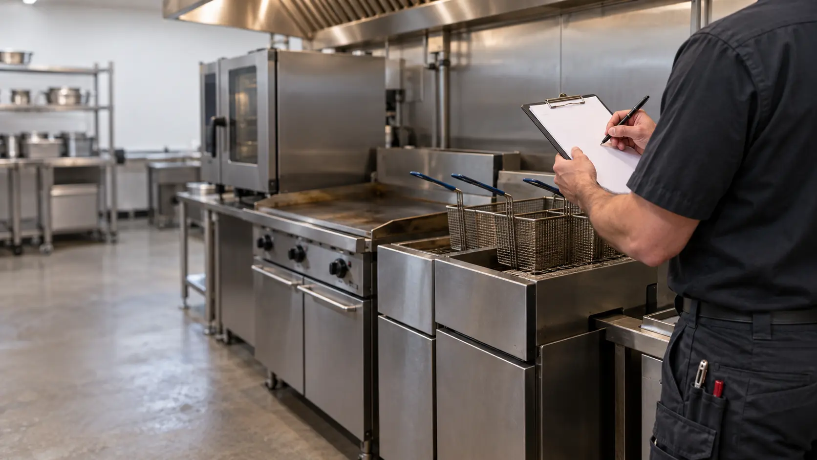 A technician writing on a blank clipboard beside a commercial fryer, the page empty of any writing.