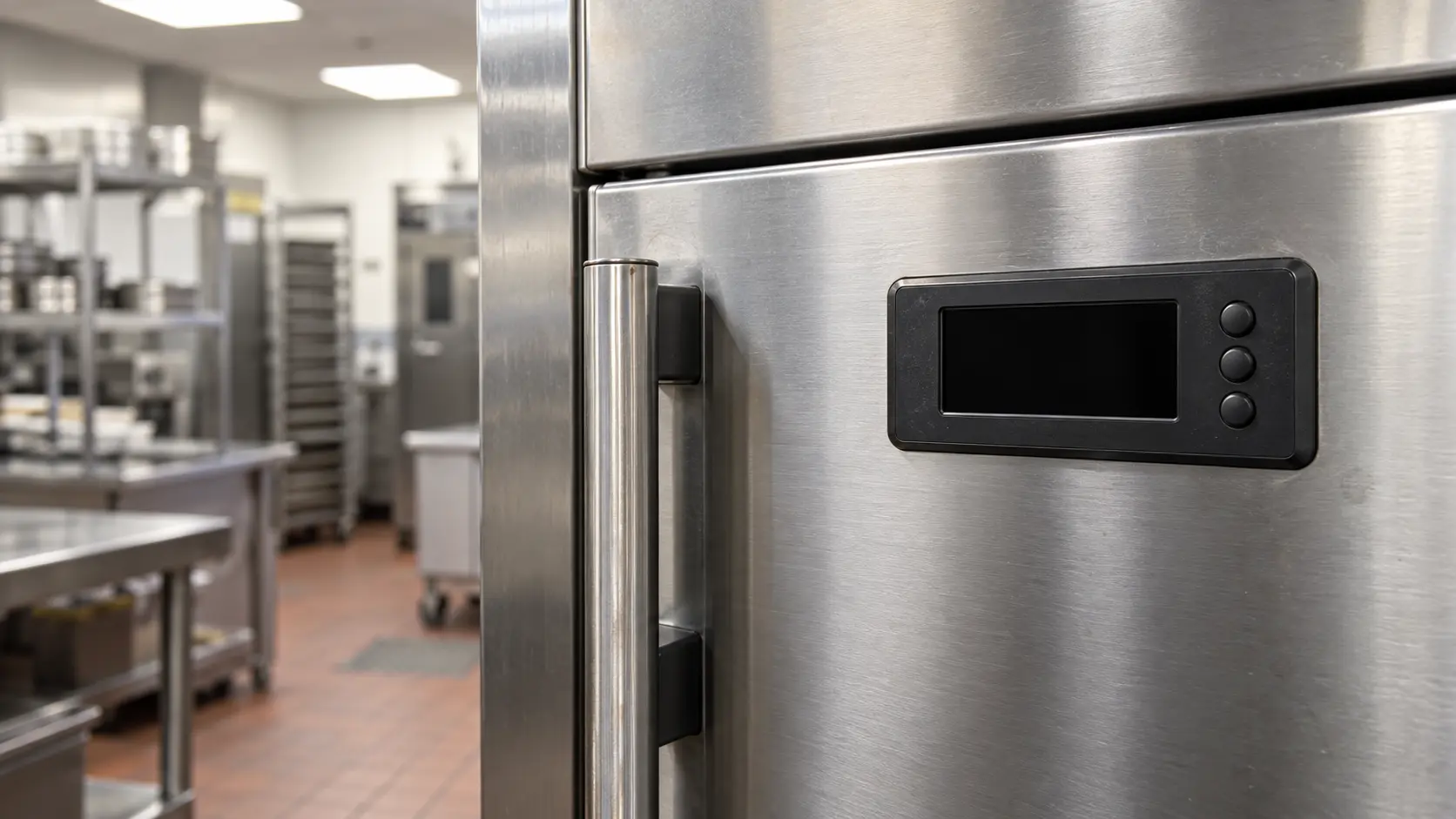 The digital controller of a reach-in cabinet seen close.