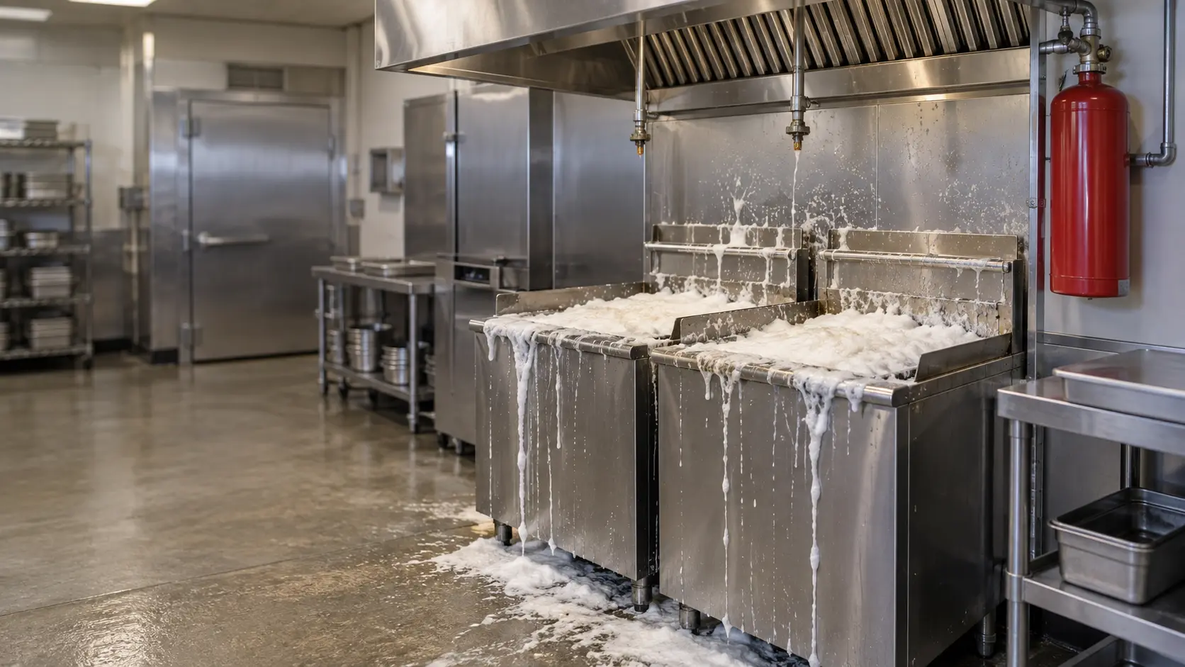 A commercial kitchen fry station just after its hood suppression system discharged, two stainless fryers cold under the hood with pale wet-chemical foam covering the fryer vats and dripping down their fronts, the nozzles above the fryers uncapped, a red Class K extinguisher still on its wall bracket beside the station, nothing outdoors.
