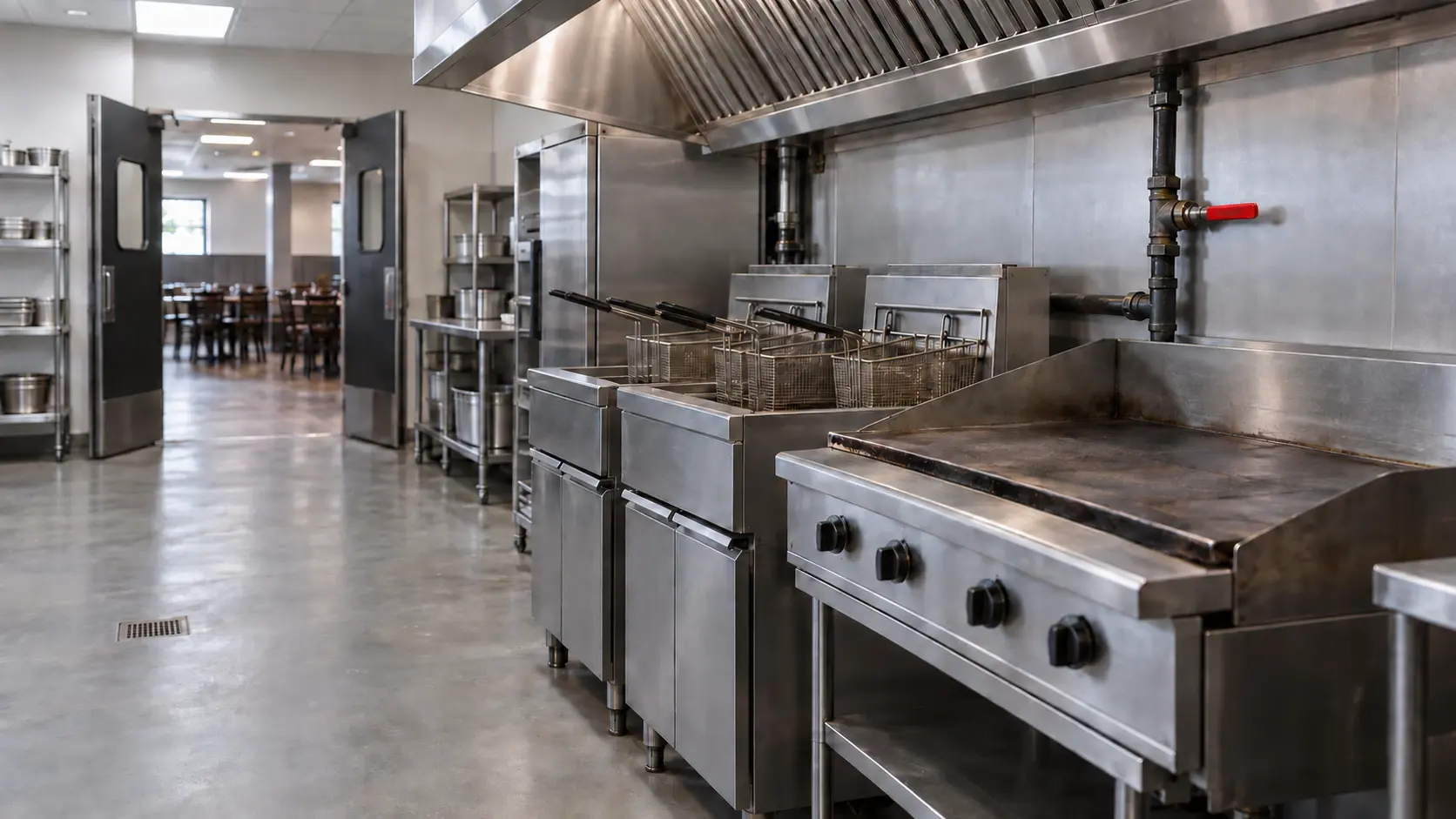 An empty commercial kitchen cooking line after an evacuation, a row of stainless fryers and a gas griddle standing cold and dark under the exhaust hood, the lever handle of the commercial kitchen's main gas shutoff valve on the pipe behind the equipment turned crosswise to closed, the swing doors to an empty dining room propped wide, nothing outdoors.