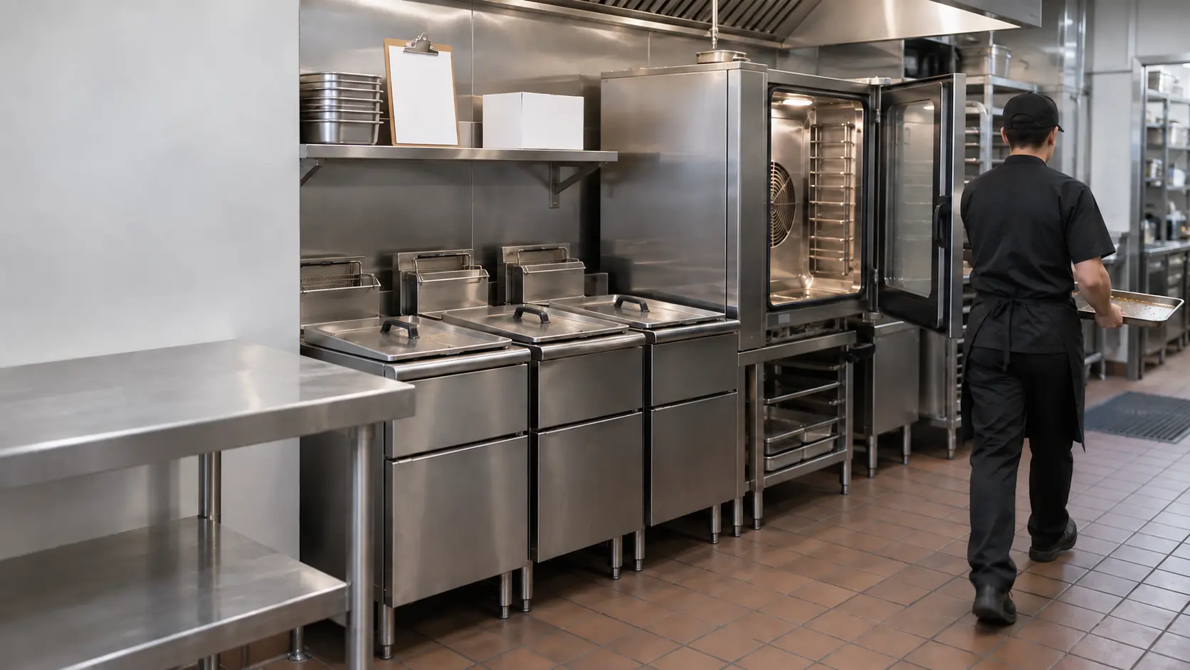 A clean restaurant kitchen after close with a row of stainless fryers drained and covered, a combi oven beside them with its door open and cavity wiped bright, a clipboard maintenance log and a filter pad box on the stainless shelf above the fryers, a staff member seen only from behind carrying a crumb tray away, nothing outdoors.