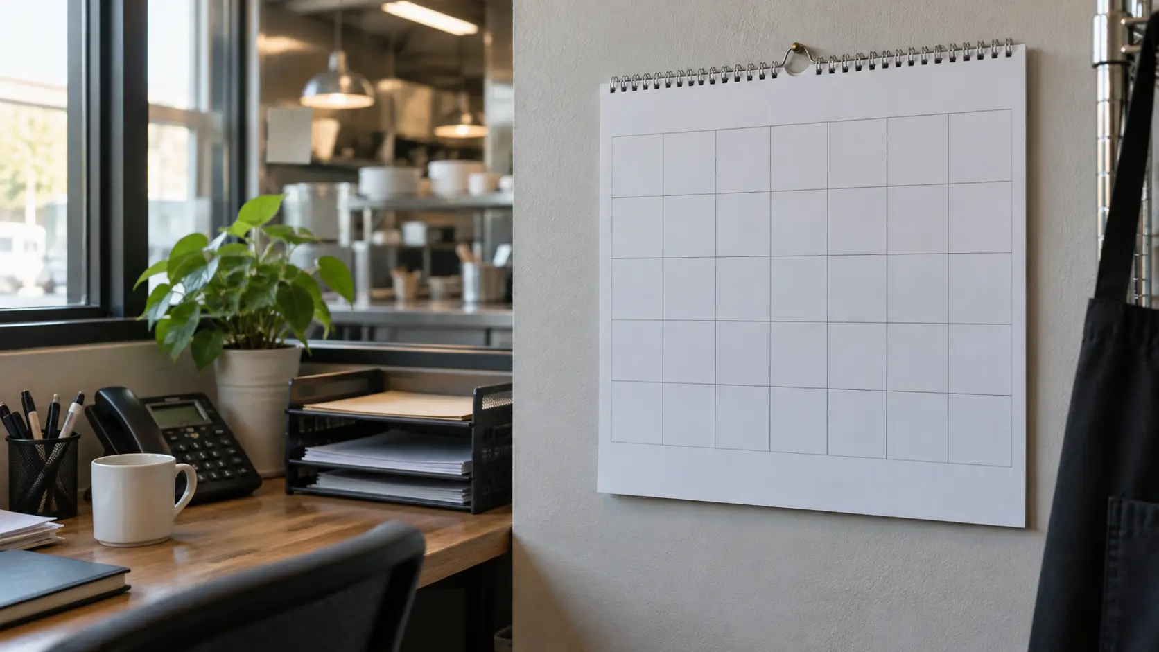 Close on a wall calendar page with blank squares beside a restaurant office desk.