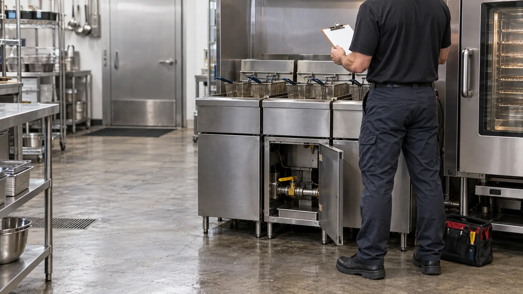 A restaurant kitchen line after lunch service with a bank of stainless gas fryers and a combi oven, one fryer's lower door open, a service technician seen only from behind and shoulders down holding a clipboard checklist beside the fryers, a gas shutoff valve on the pipe below the fryers, nothing outdoors.