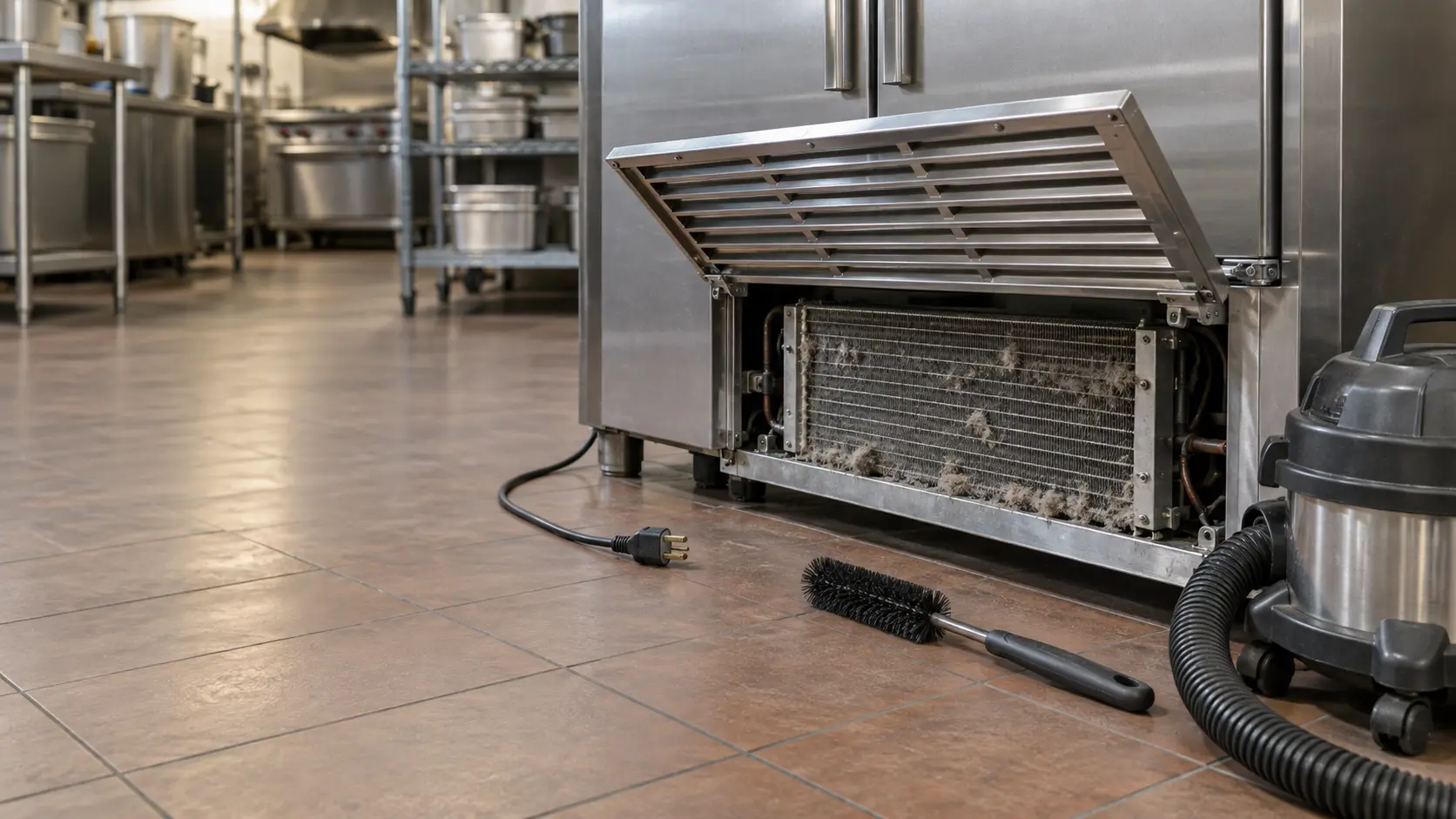 The lower front of a stainless commercial reach-in cabinet in a restaurant kitchen with its louvered grille lifted up to show a dusty finned condenser coil, a soft-bristle coil brush and a small shop vacuum on the tiled floor in front of the reach-in, the cabinet's power cord unplugged and lying beside it, nothing outdoors.