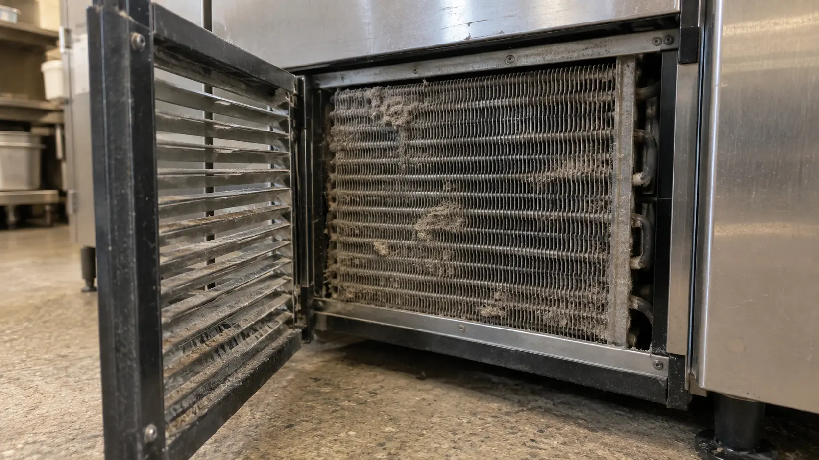 Close on dusty condenser fins behind the grille of a reach-in cabinet.