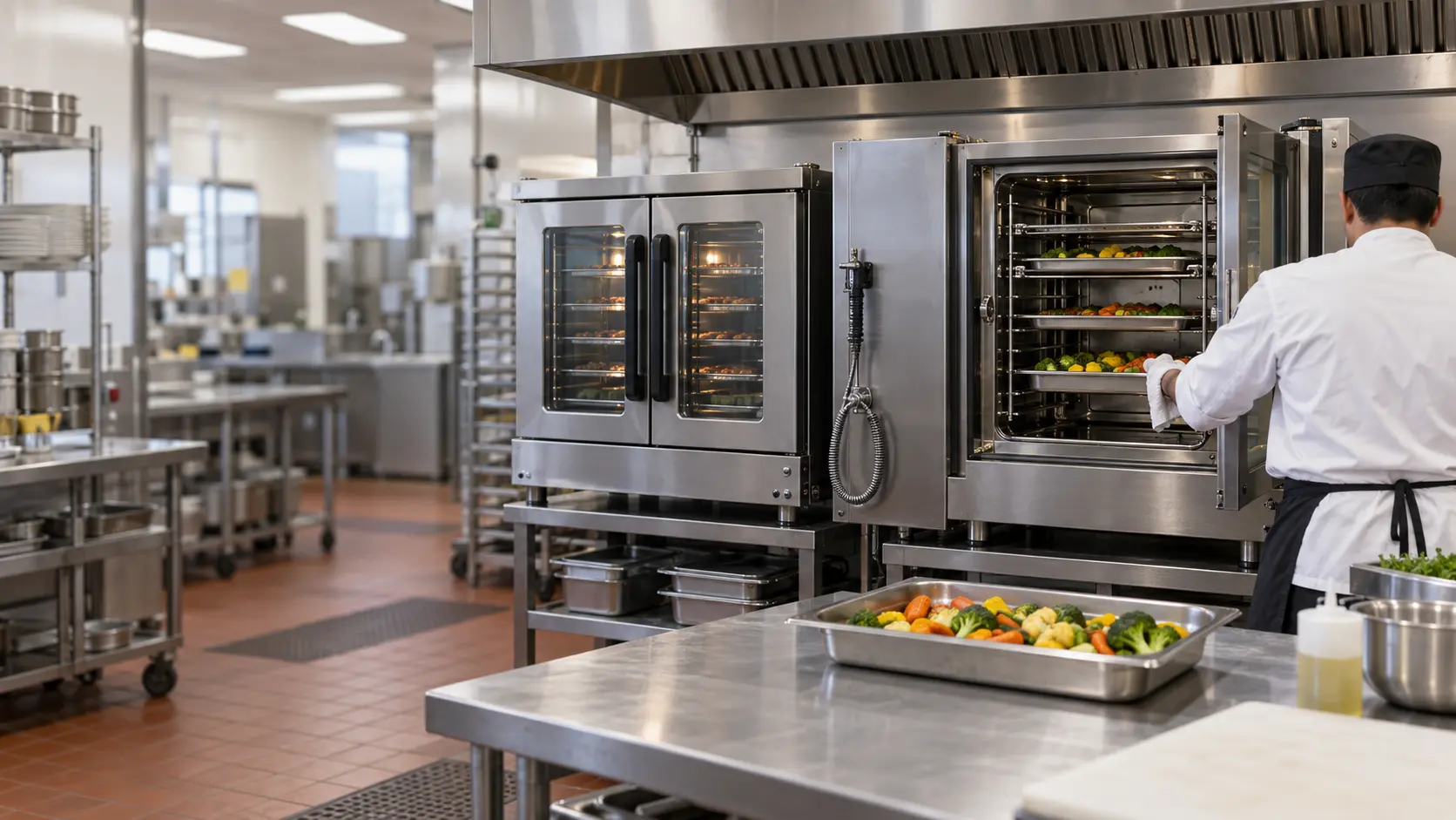 A restaurant kitchen line with a stainless combi oven and a stainless convection oven side by side under one stainless hood, the combi oven's door open to show its racks and a hand shower hose coiled at its side, a hotel pan of steamed vegetables on the worktop in front, a cook seen from behind in a white jacket, nothing outdoors.