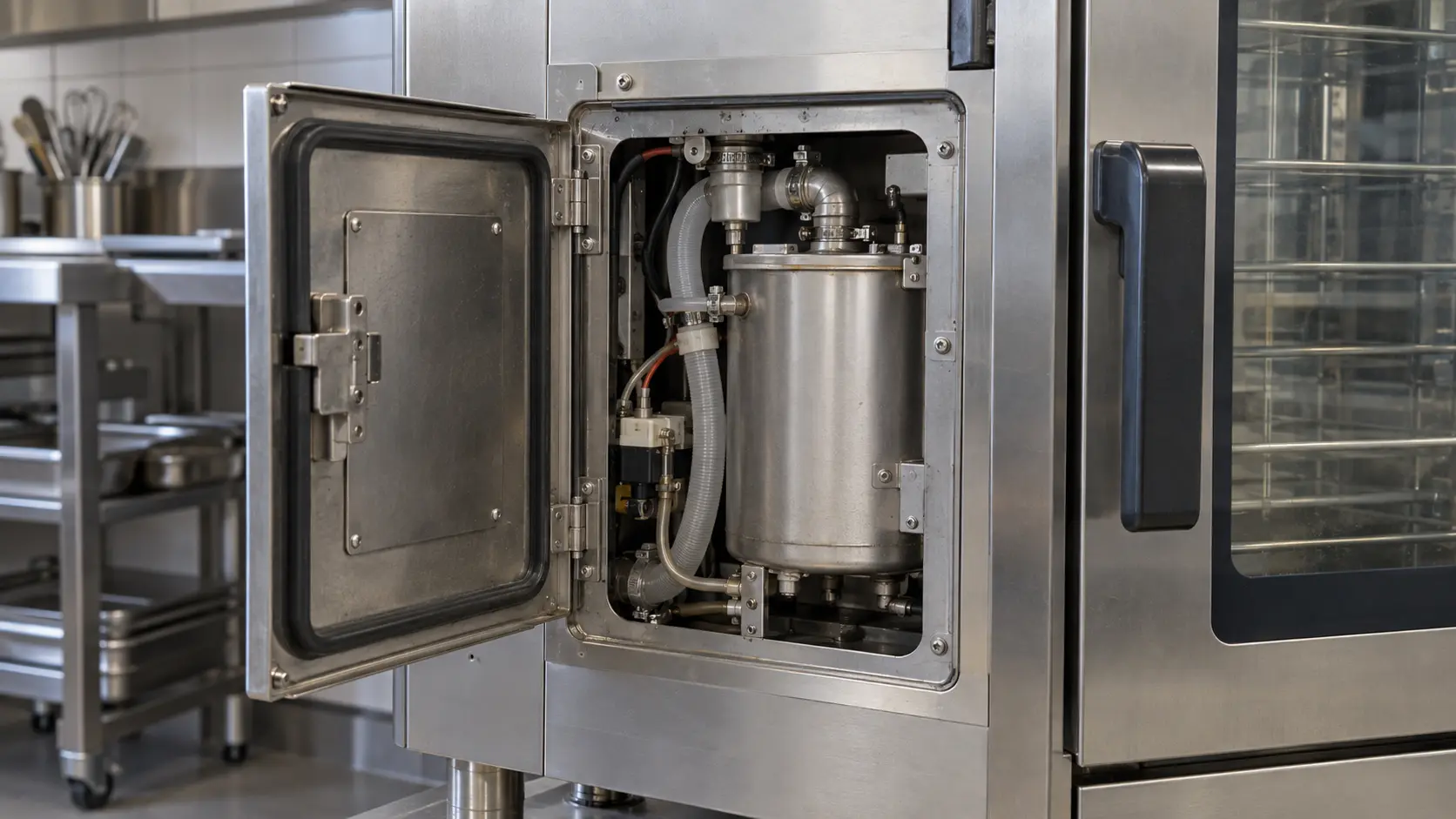 Close on the steam generator door of a combi oven standing open, the oven cool.