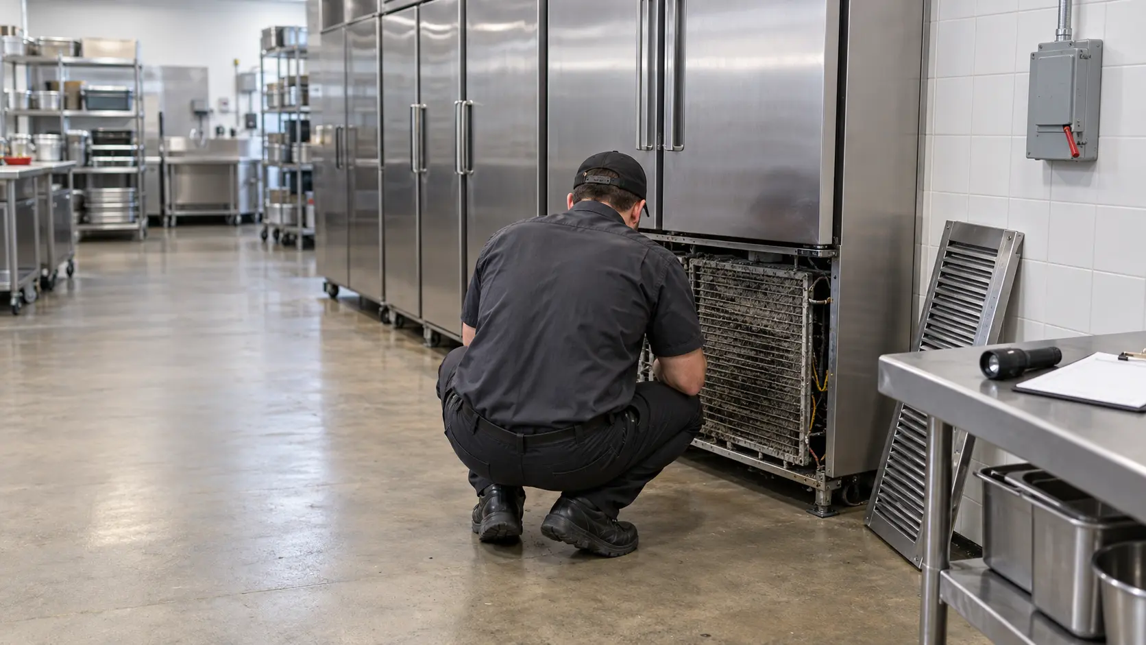A restaurant manager seen from behind crouching at a row of stainless commercial reach-in cabinets, the front grille of one reach-in removed and leaning on the tiled wall to show a dusty condenser coil, a flashlight and a clipboard on the stainless prep table nearby, a plain gray electrical disconnect box on the wall with its lever down, nothing outdoors.