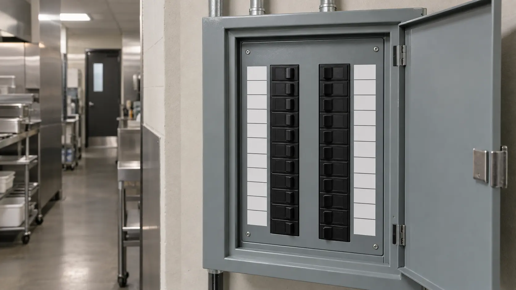 Close on a breaker panel in a restaurant back hall with blank labels.