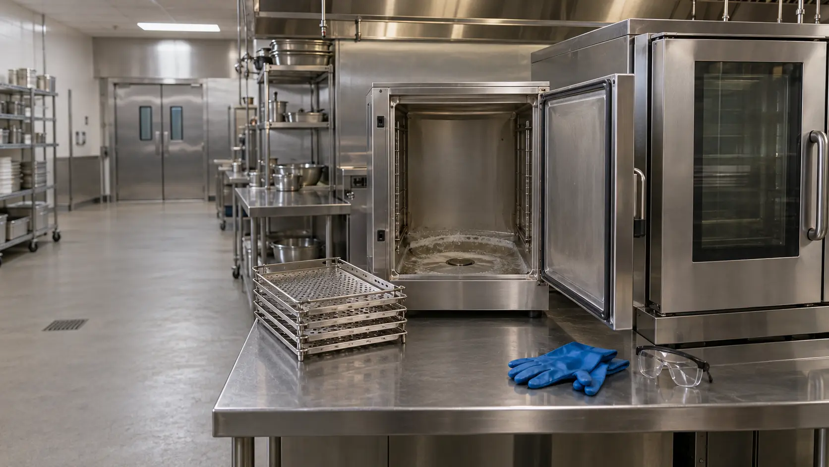 A commercial kitchen after close with a stainless countertop steamer standing open and empty, its pan racks lifted out onto the worktop, a pale chalky scale ring visible inside the steamer's reservoir, a combi oven beside it with its door shut, a pair of rubber gloves and safety goggles on the stainless counter, nothing outdoors.