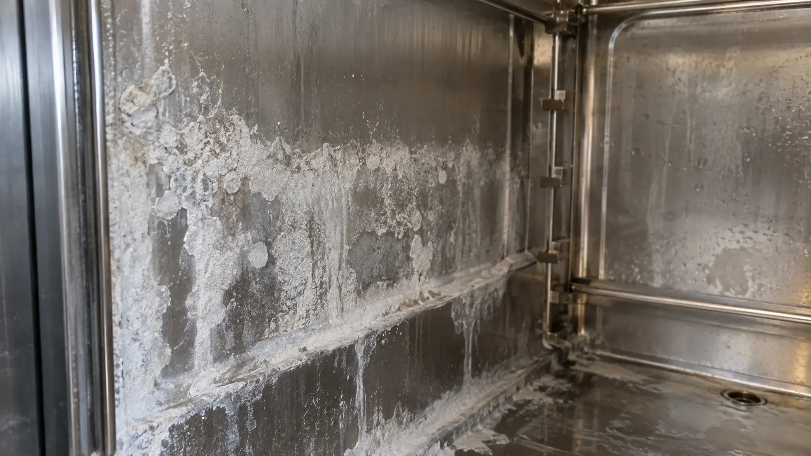 Close on white scale on the inside wall of a steamer compartment.