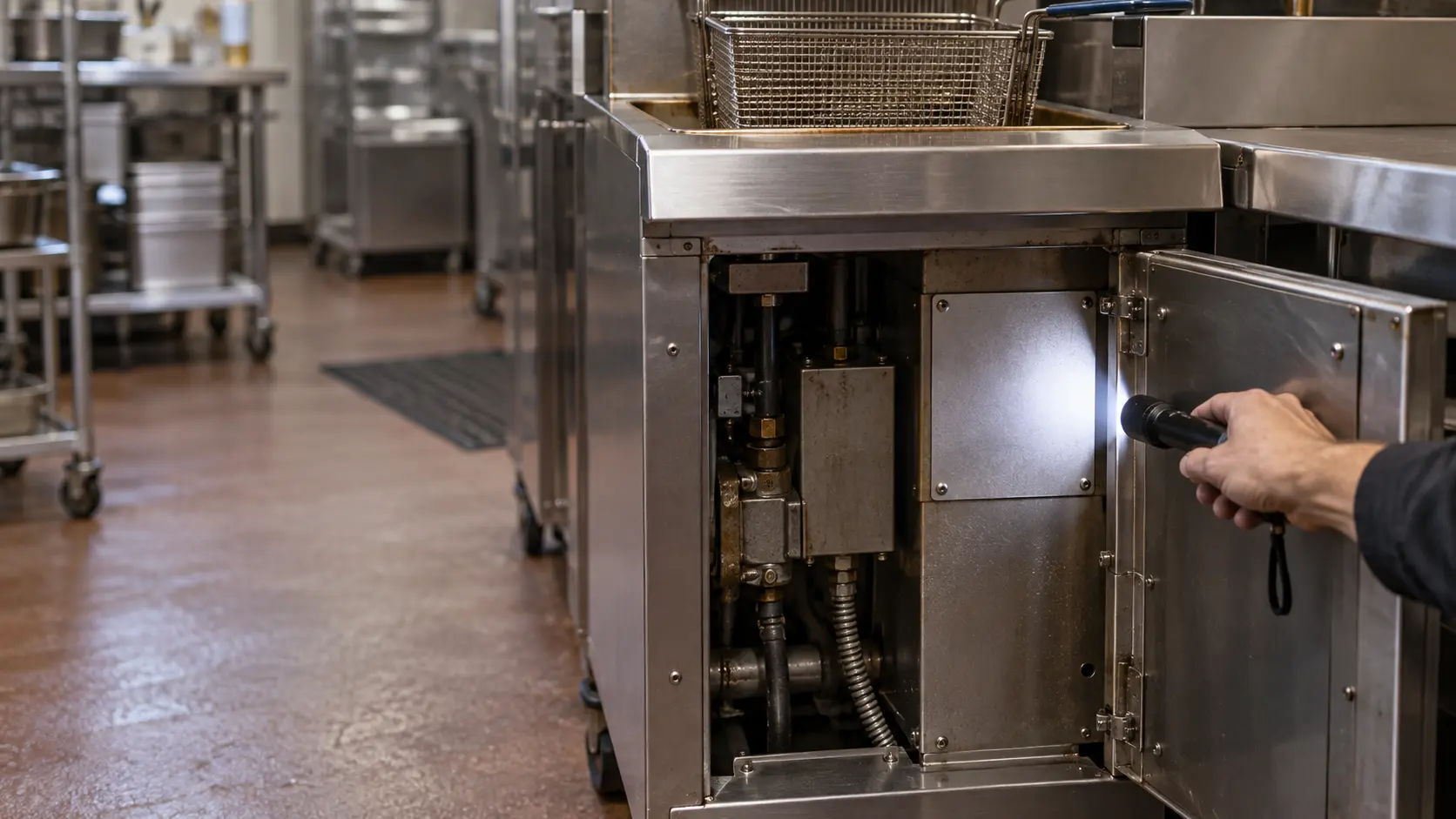 The open lower door of a stainless commercial gas fryer on a restaurant cooking line, a blank riveted metal data plate with no readable marks inside the fryer door lit by a small flashlight held in a hand seen only to the wrist, the fryer's cooled oil vat and a hanging basket just visible above, nothing outdoors.