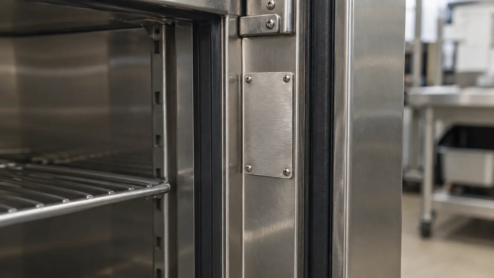 Close on a small blank metal plate with no characters inside a reach-in cabinet door frame.