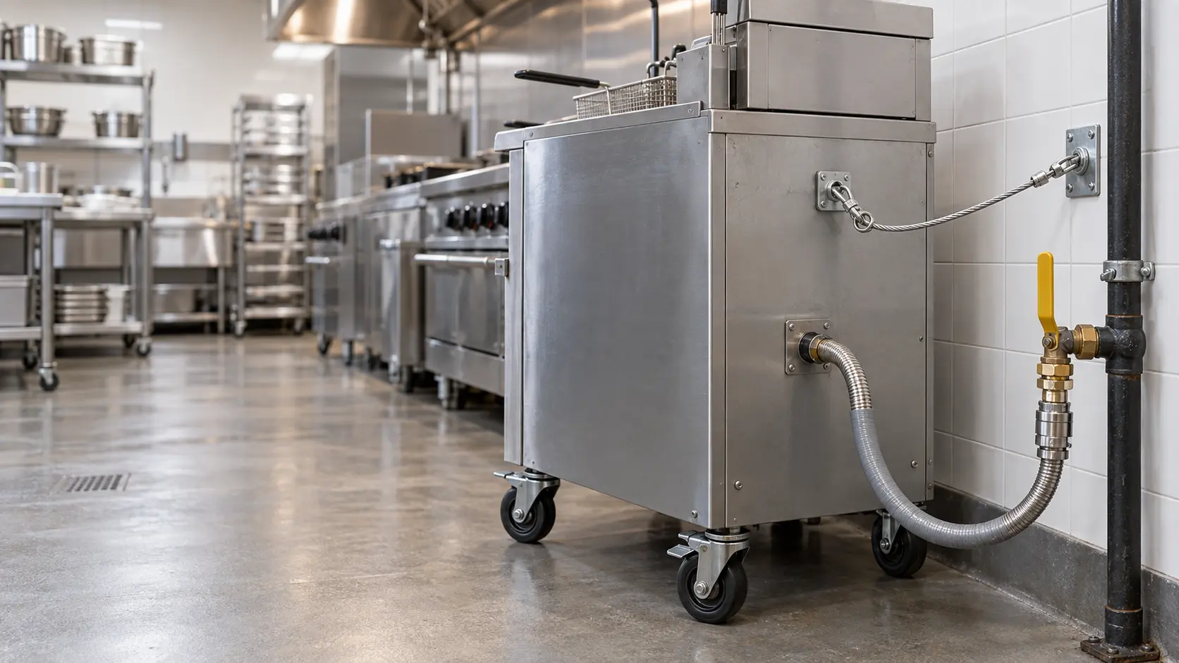 The back of a commercial kitchen cooking line pulled a little away from the tiled wall for cleaning, a stainless gas fryer on casters with its coated stainless flexible gas hose looping down to a quick-disconnect coupling on the gas pipe and a separate steel restraint cable running from the fryer's back panel to a wall anchor, the fryer and the gas pipe's shutoff valve in clear view, nothing outdoors.