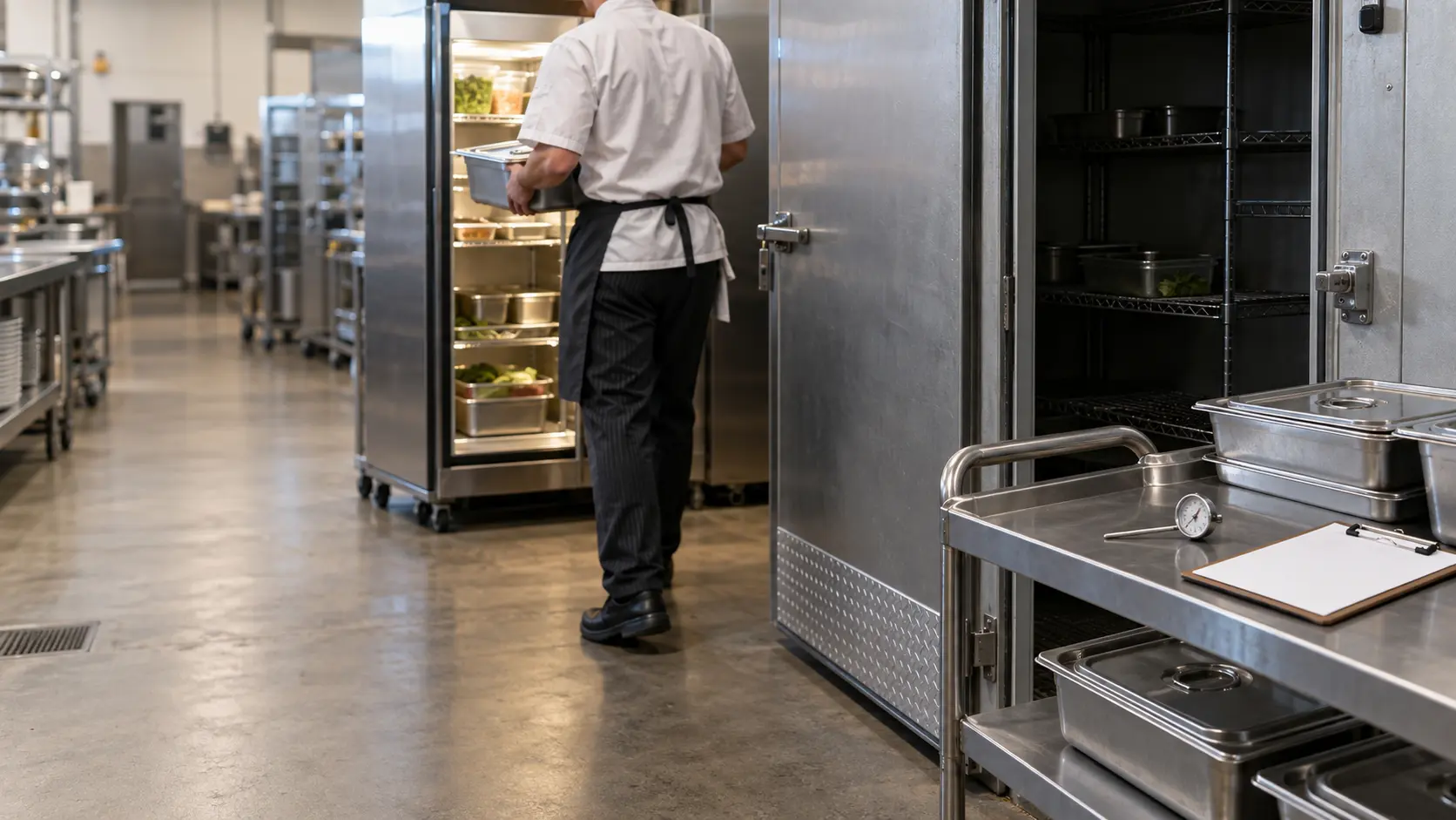 The open door of a commercial walk-in cooler in a restaurant back of house with its interior lights off, stainless wire shelving inside half emptied, a stainless rolling cart of covered food pans parked beside a working reach-in cabinet across the aisle, a probe thermometer and a clipboard temperature log resting on the cart, a cook seen only from behind and shoulders down carrying a hotel pan toward the reach-in, nothing outdoors.