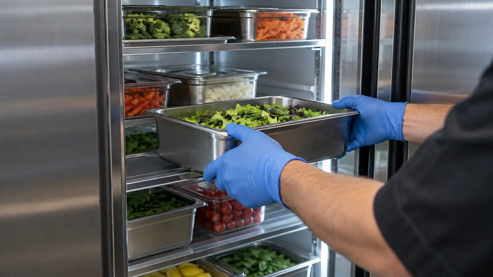 Close on food pans being moved into a working reach-in, gloved hands only.