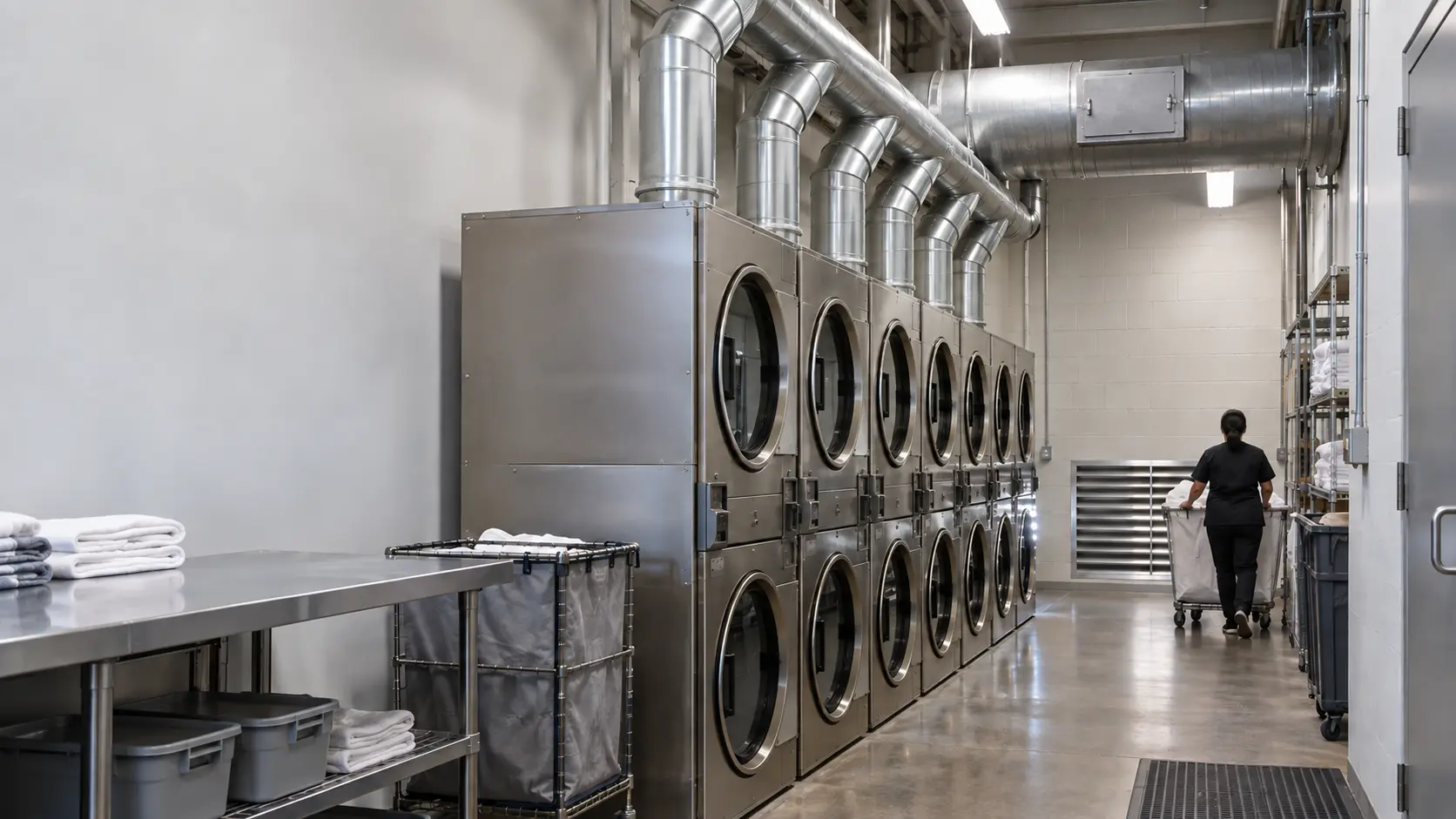 The back service corridor of a busy commercial laundry behind a row of stacked tumblers, round smooth metal exhaust ducts rising from each tumbler and joining a larger main duct at angled branches before it exits through the block wall, a clean inspection door on the main duct, a large louvered makeup air opening low on the far wall, the floor swept free of lint, a laundry attendant seen only from behind wheeling a cart past the far end, nothing outdoors.