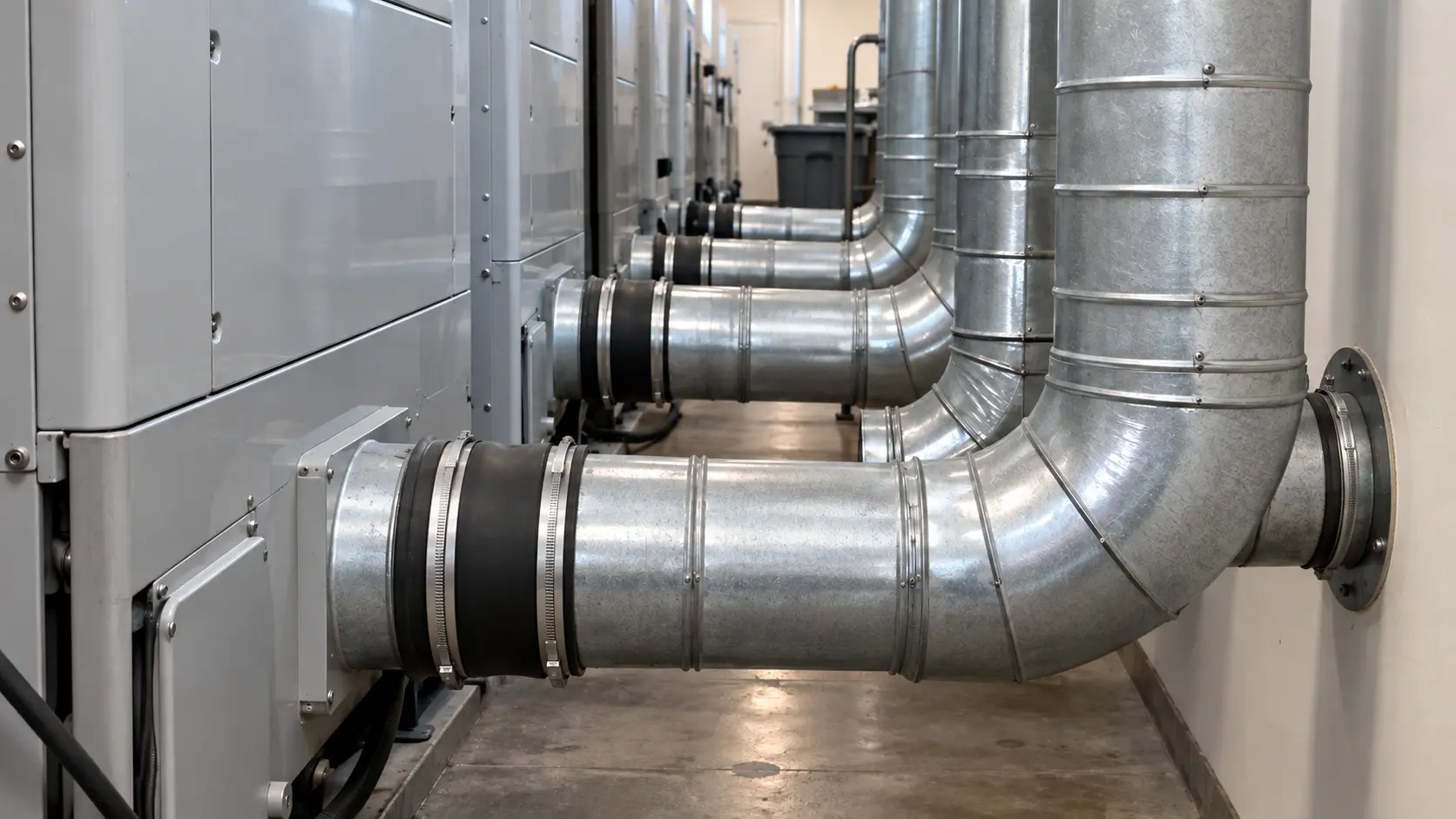 Close on the round exhaust ducts behind a row of commercial tumblers.