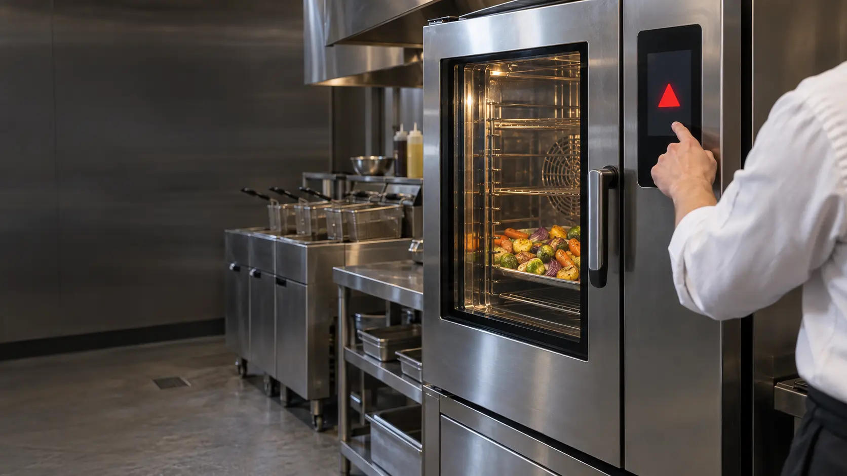 The glowing touch screen of a stainless commercial combi oven on a restaurant cooking line showing a plain red warning triangle and no readable text, the combi oven's glass door closed on a tray of roasting vegetables, a cook seen from the shoulders down in a white jacket reaching toward the screen, stainless fryers softly out of focus beside it, nothing outdoors.